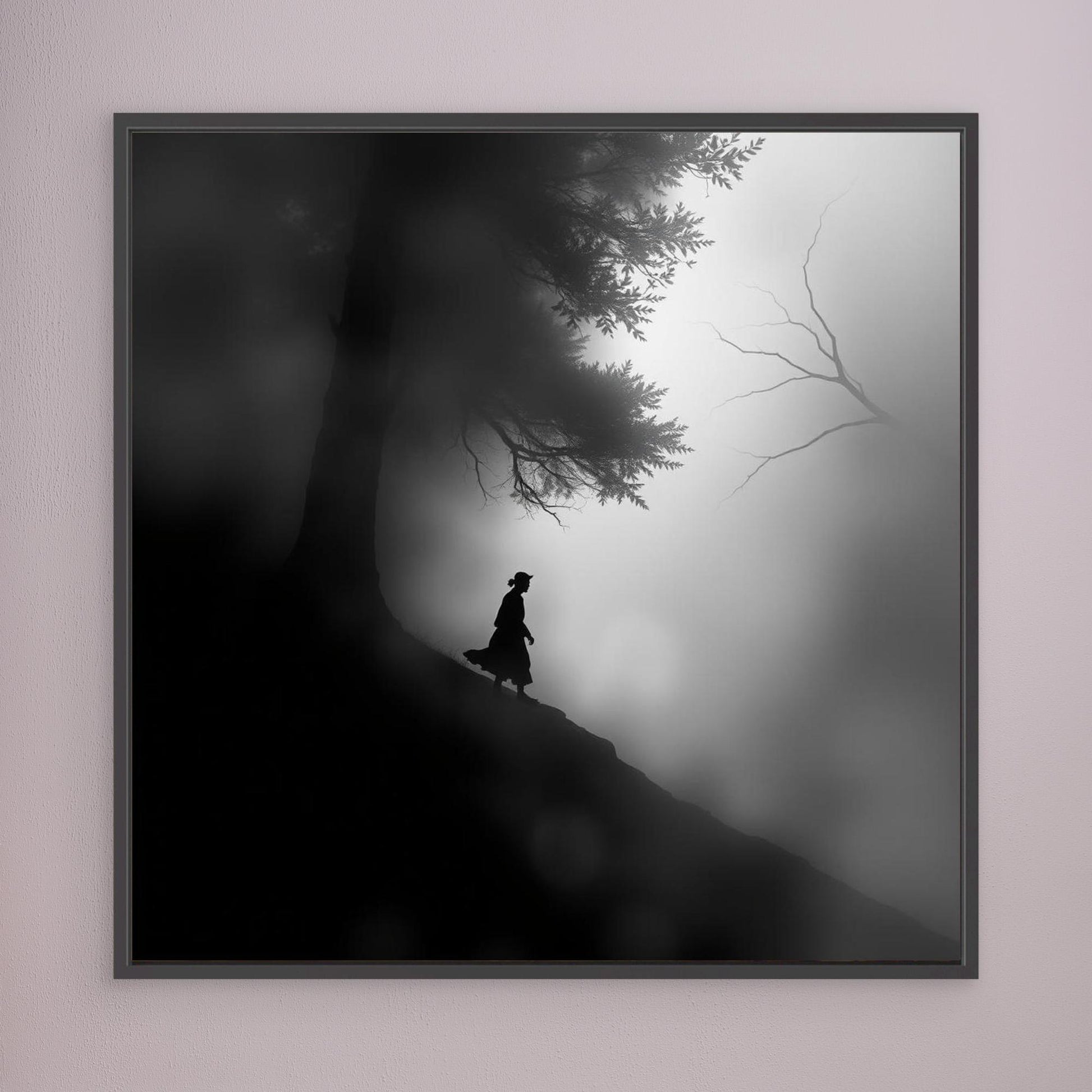 Mystic Walk Through the Fog – Black and White Nature Canvas Wall Art