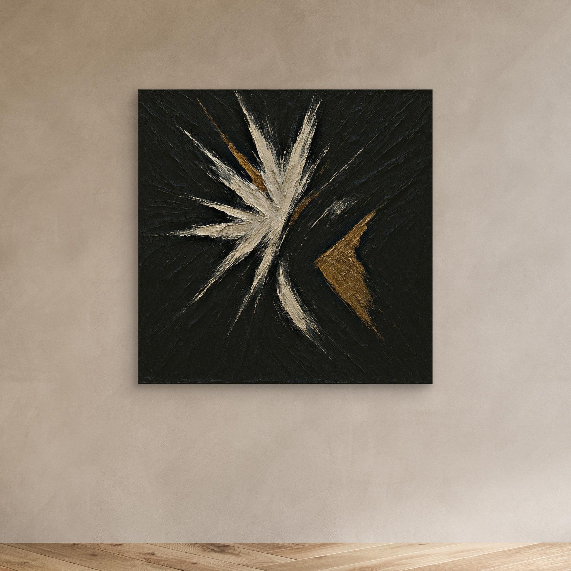 Abstract Starburst Canvas Wall Art – Black, Gold & Ivory