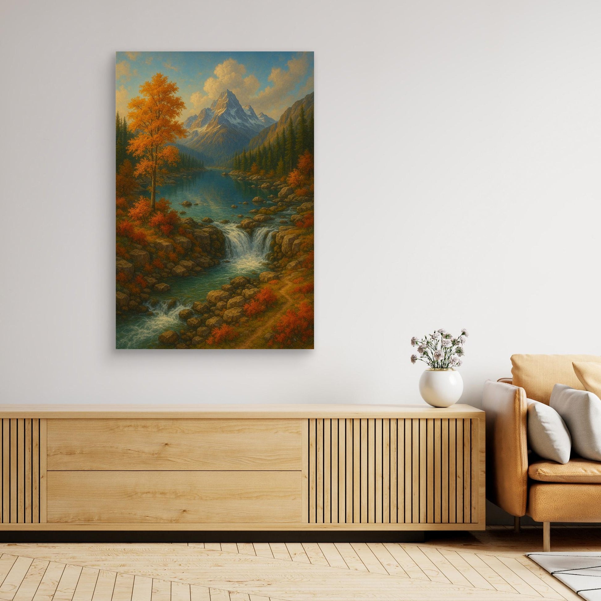 Mountain Waterfall Canvas Wall Art – Autumn Nature Landscape Print