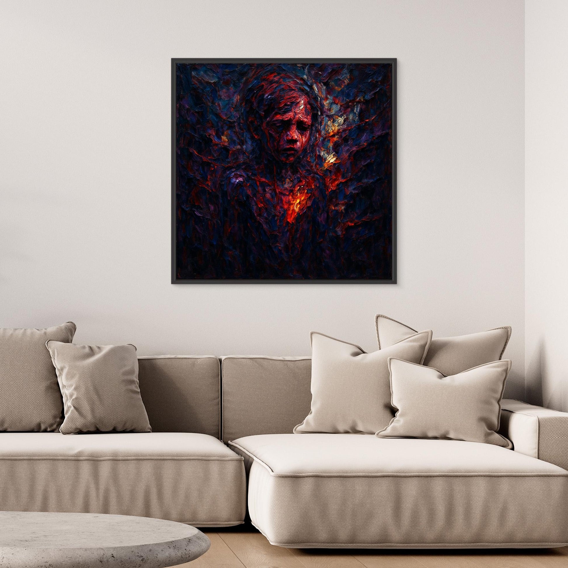 Figurative Fire Portrait – Dark Emotional Canvas Wall Art