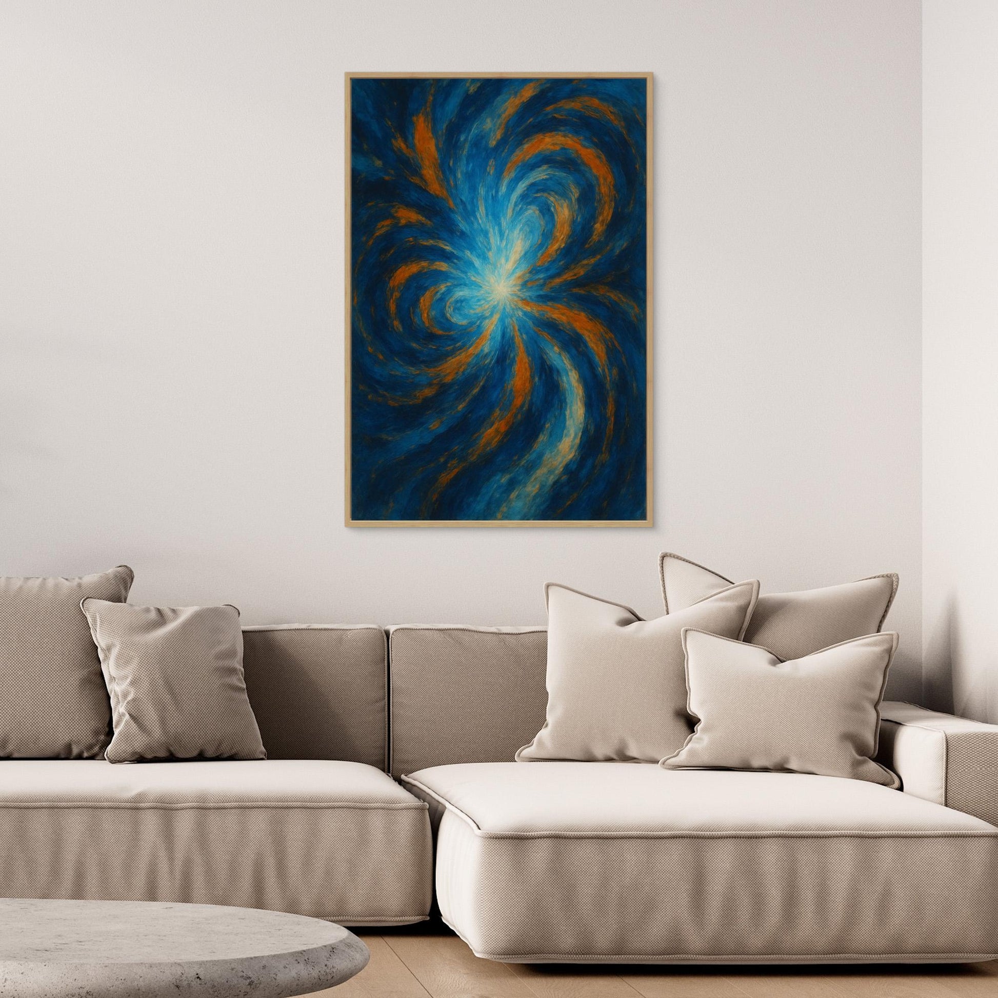 Blue and Orange Abstract Canvas Wall Art – Swirling Energy Print