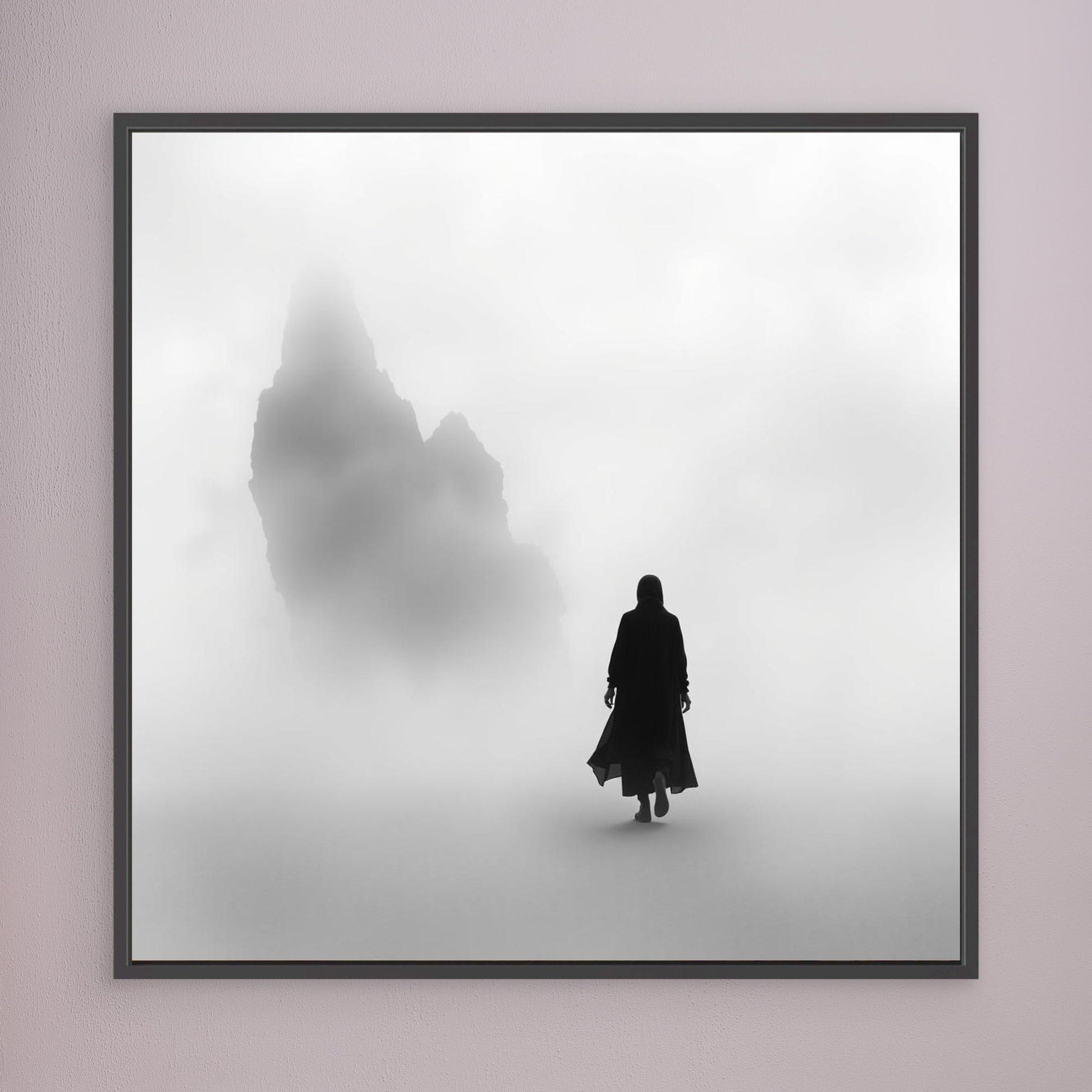 Into the Silence – Minimalist Black and White Canvas Art of Solitary Figure in Foggy Landscape