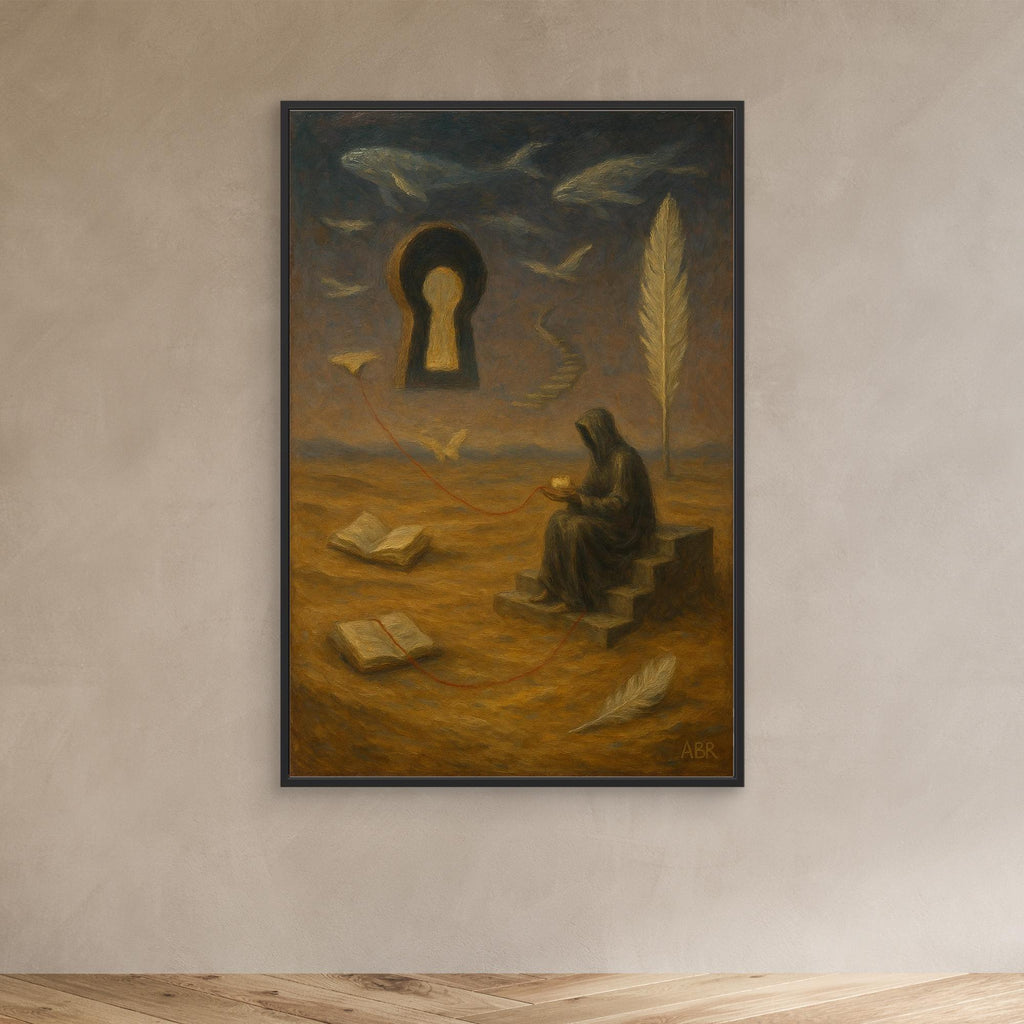 Surreal Canvas Wall Art – Hooded Figure and Keyhole