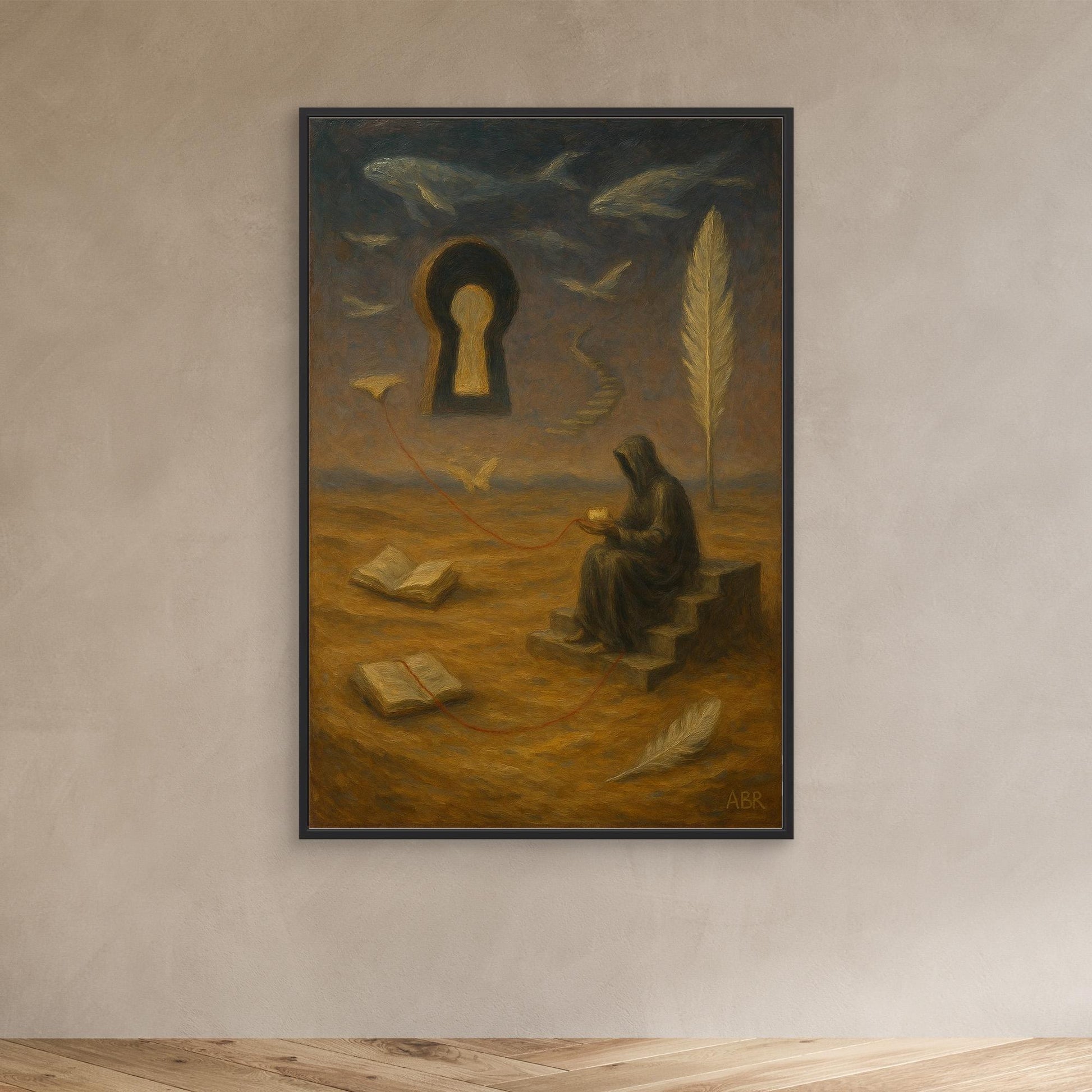 Surreal Canvas Wall Art – Hooded Figure and Keyhole
