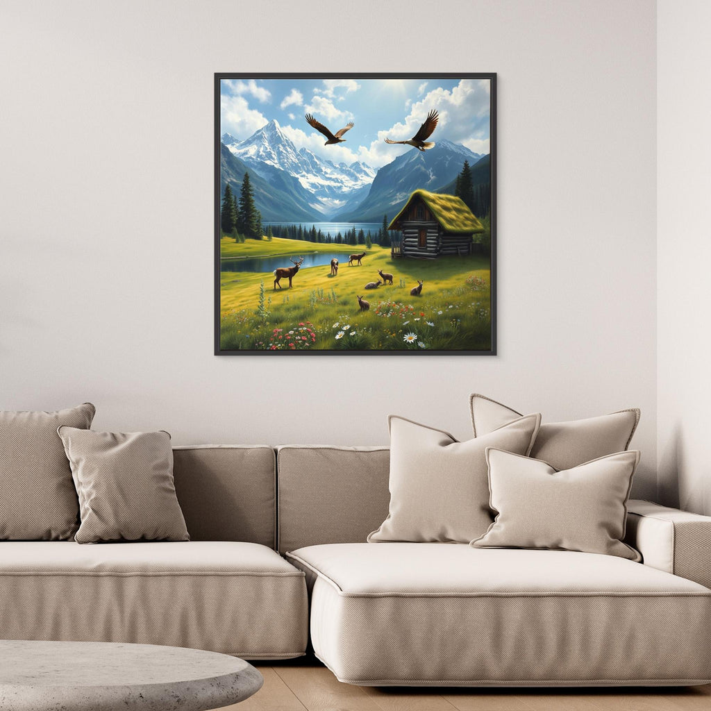 Alpine Sanctuary – Wildlife and Cabin by the Lake Canvas Art