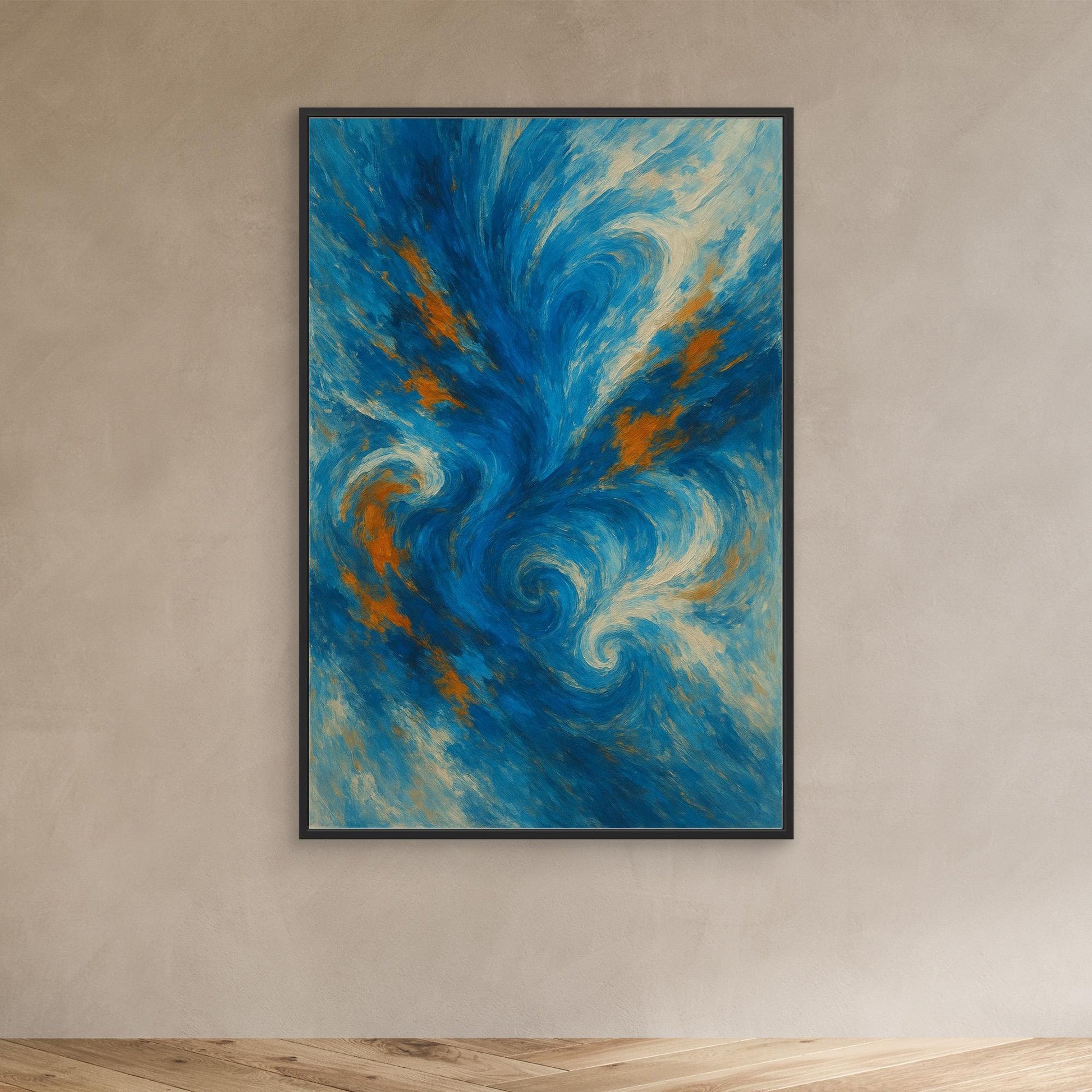 Abstract Ocean Swirl Canvas Wall Art – Blue and Orange Brush Texture