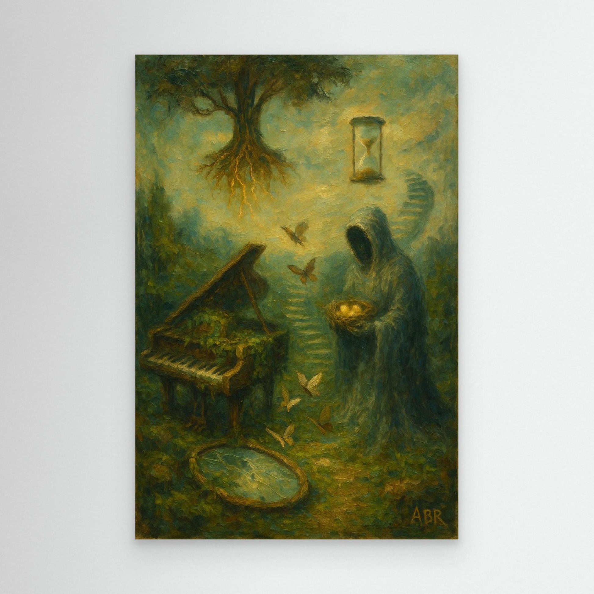 Surreal Canvas Wall Art with Hooded Figure and Piano