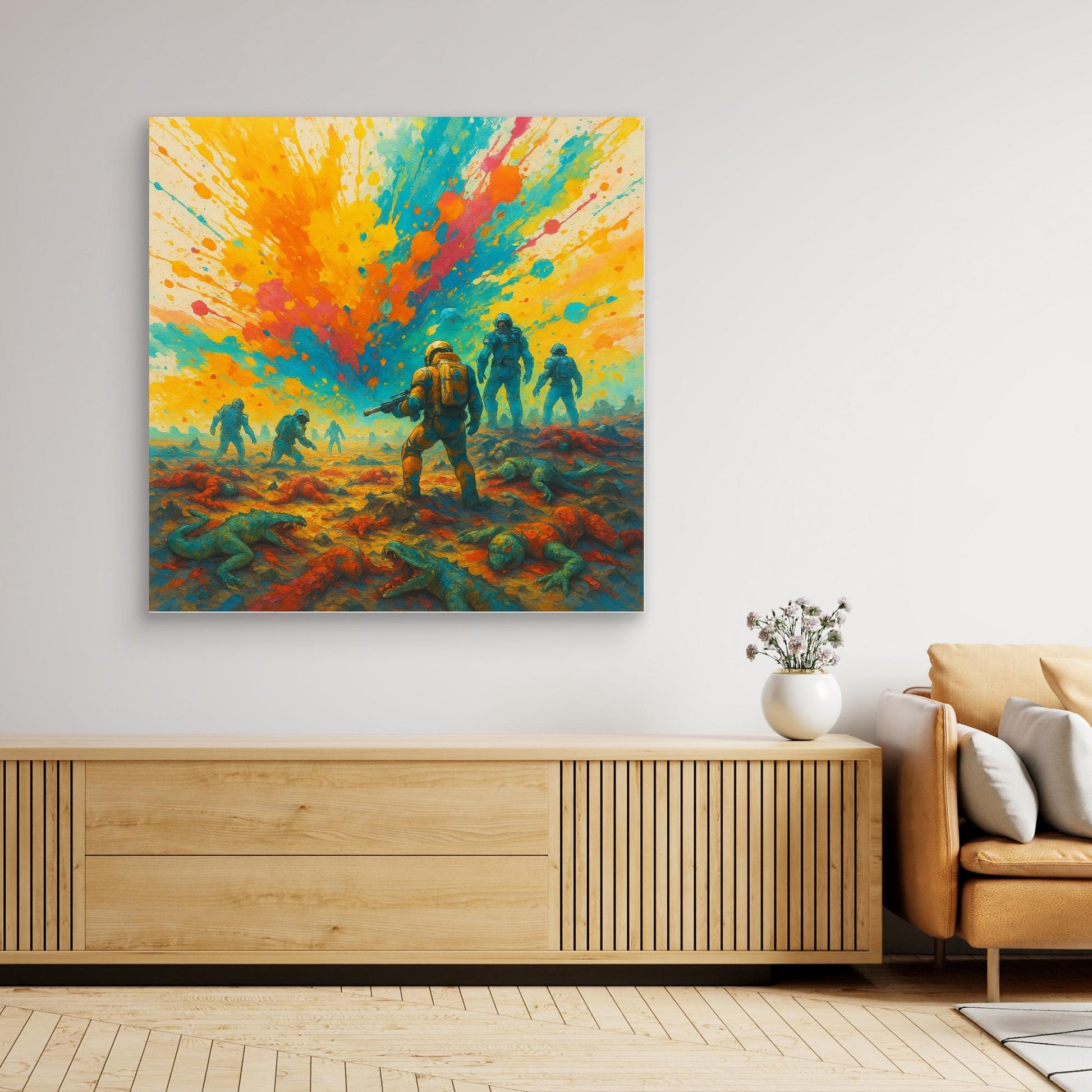 Galactic Apes: Explosion of Victory – Colorful Sci-Fi Canvas Wall Art Print