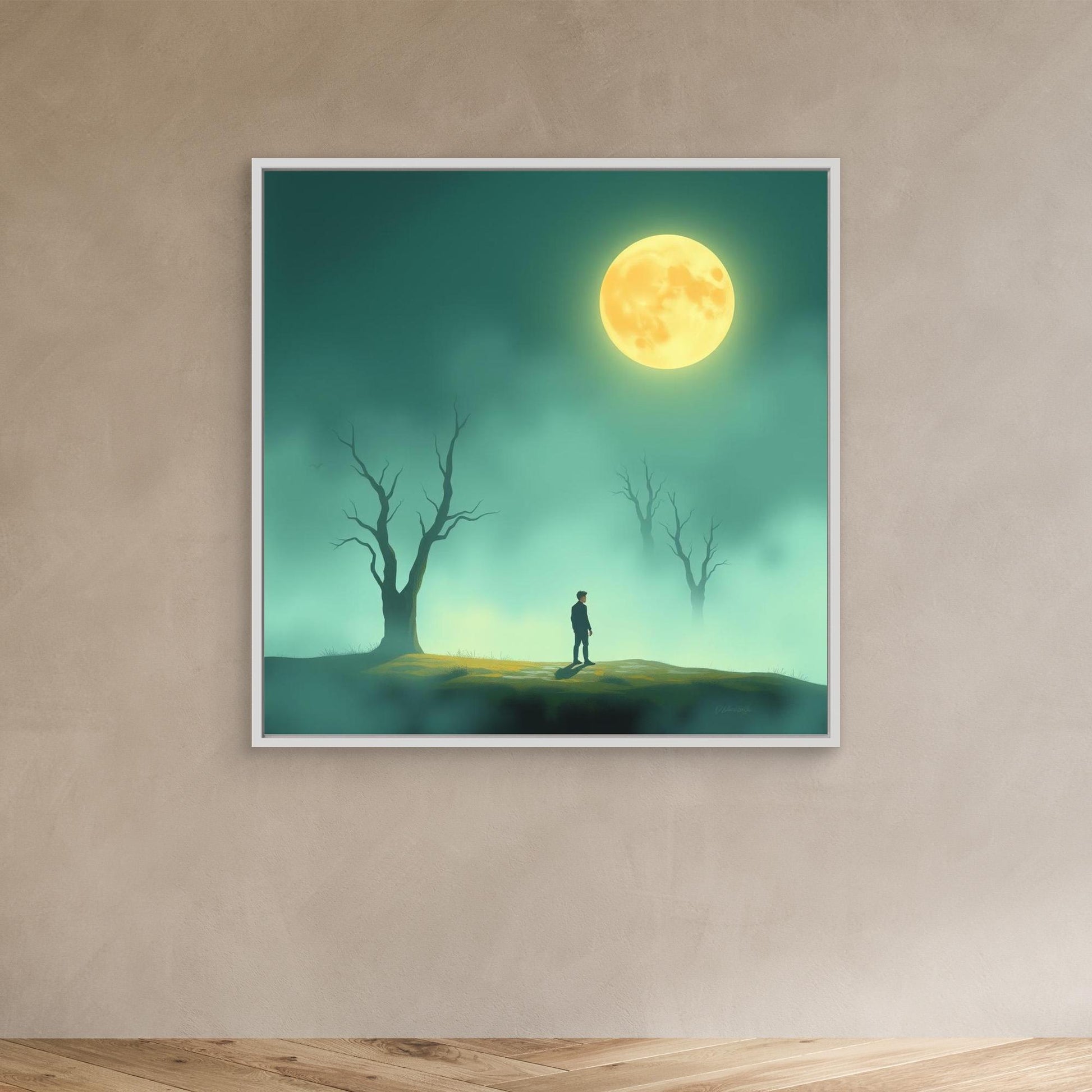 Minimalist Moonlight Silence – Serene Canvas Wall Art in Fog and Full Moonlight