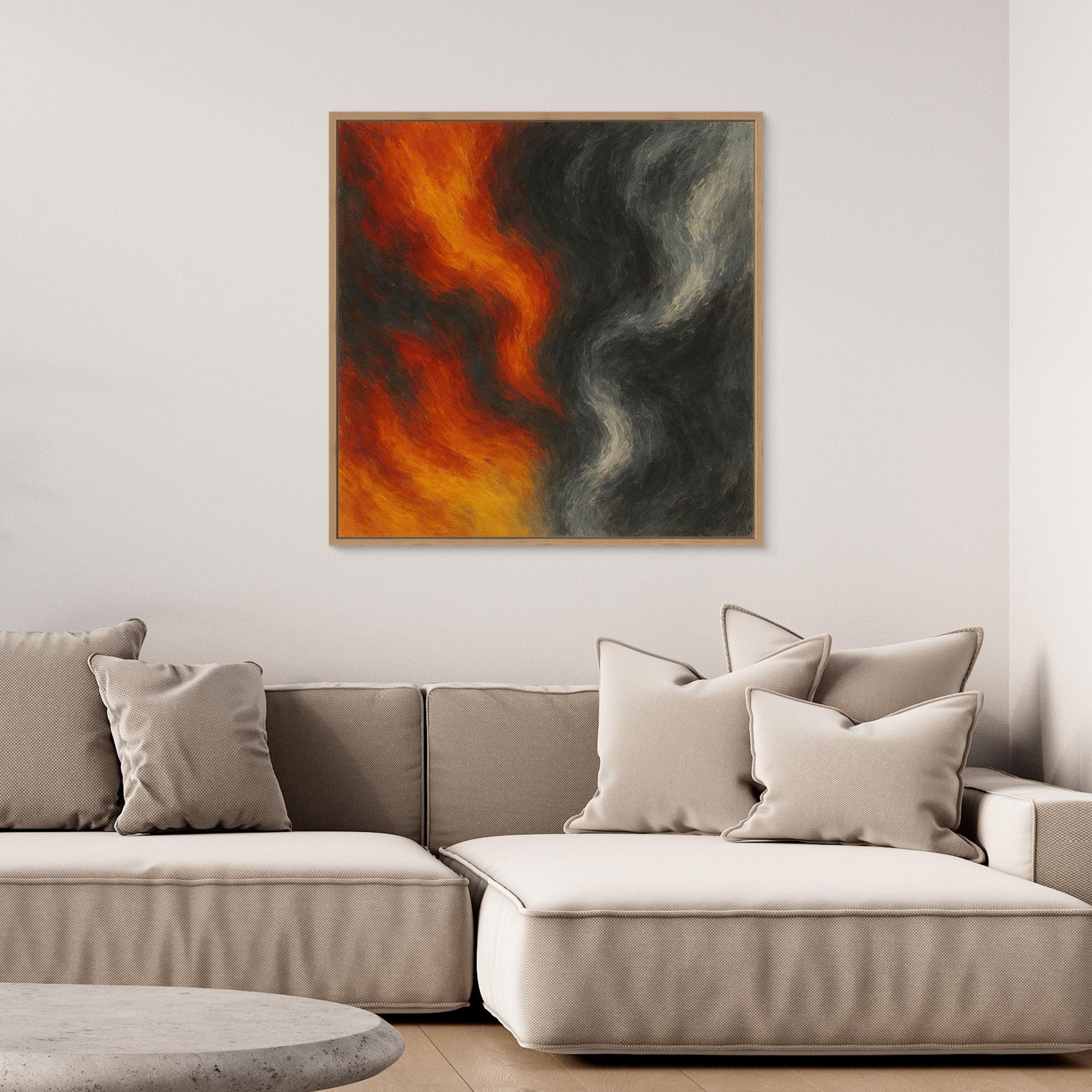 Elemental Flow – Fiery Red and Smoke Grey Abstract Canvas Print