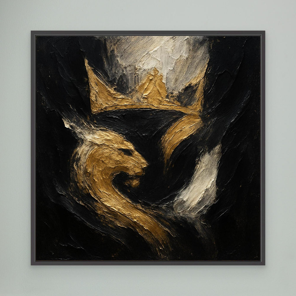 Crowned Lion Canvas Wall Art – Abstract Gold and Black Painting