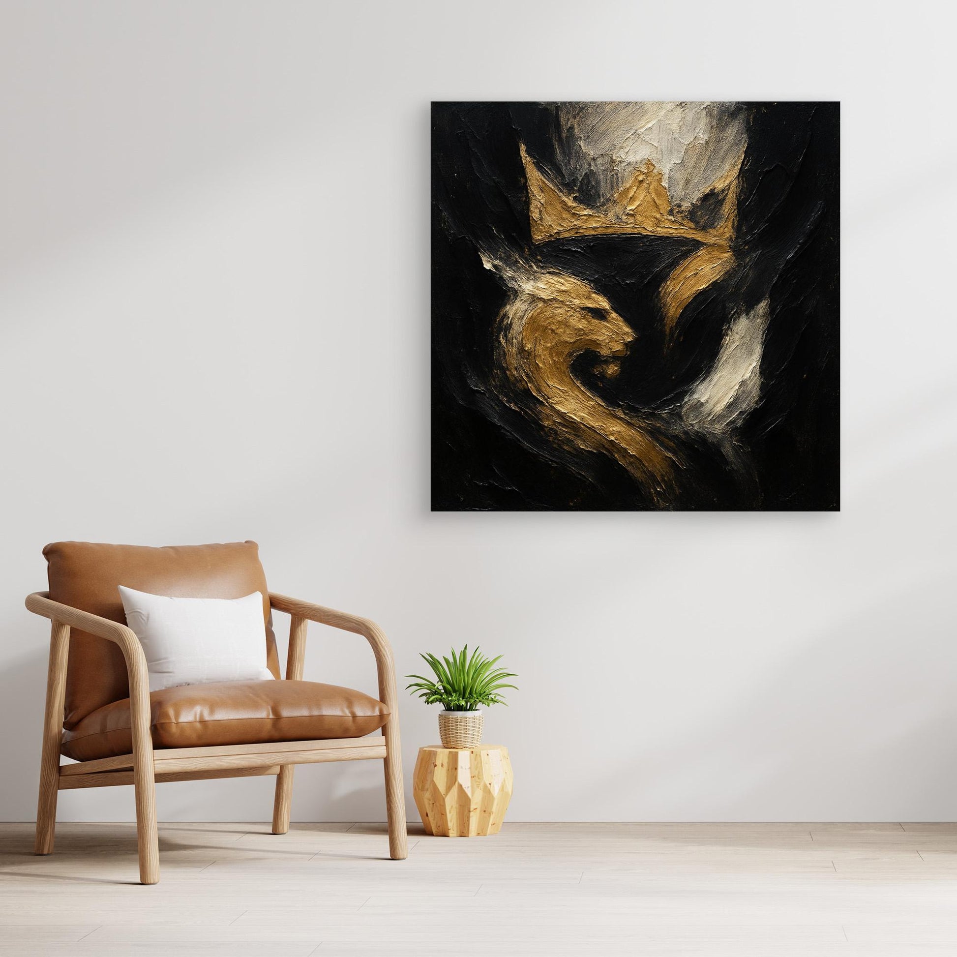 Crowned Lion Canvas Wall Art – Abstract Gold and Black Painting