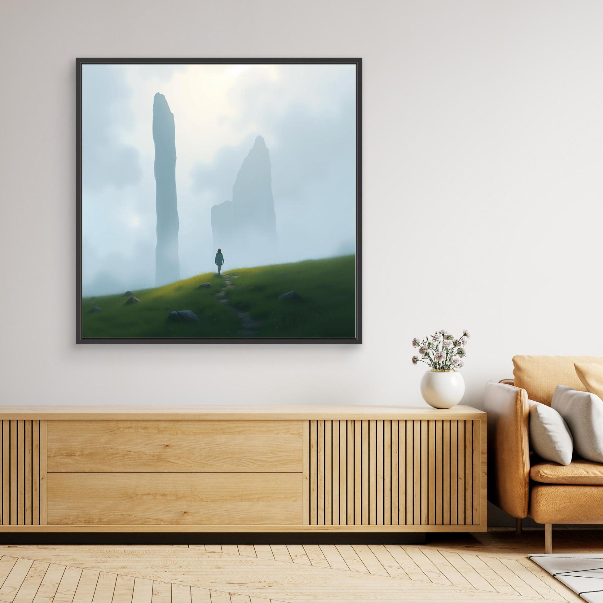 Wanderer of the Mist – Minimalist Nature Canvas Wall Art | Foggy Mountains & Lone Explorer Print