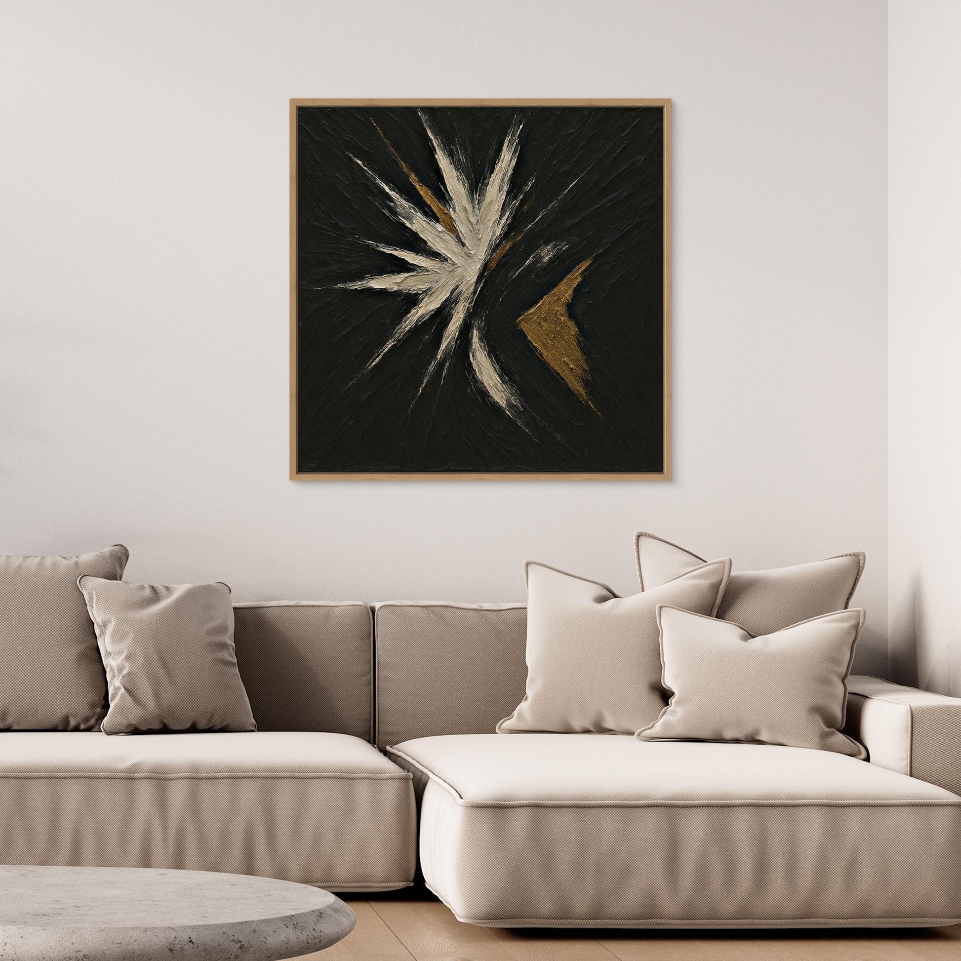 Abstract Starburst Canvas Wall Art – Black, Gold & Ivory