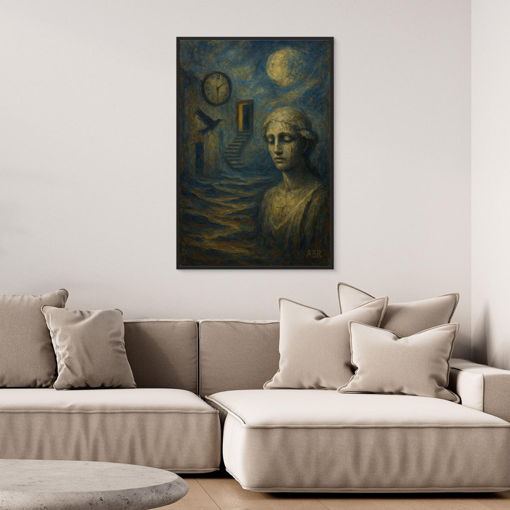 Surreal blue and gold abstract canvas wall art with cracked statue and moonlit staircase.