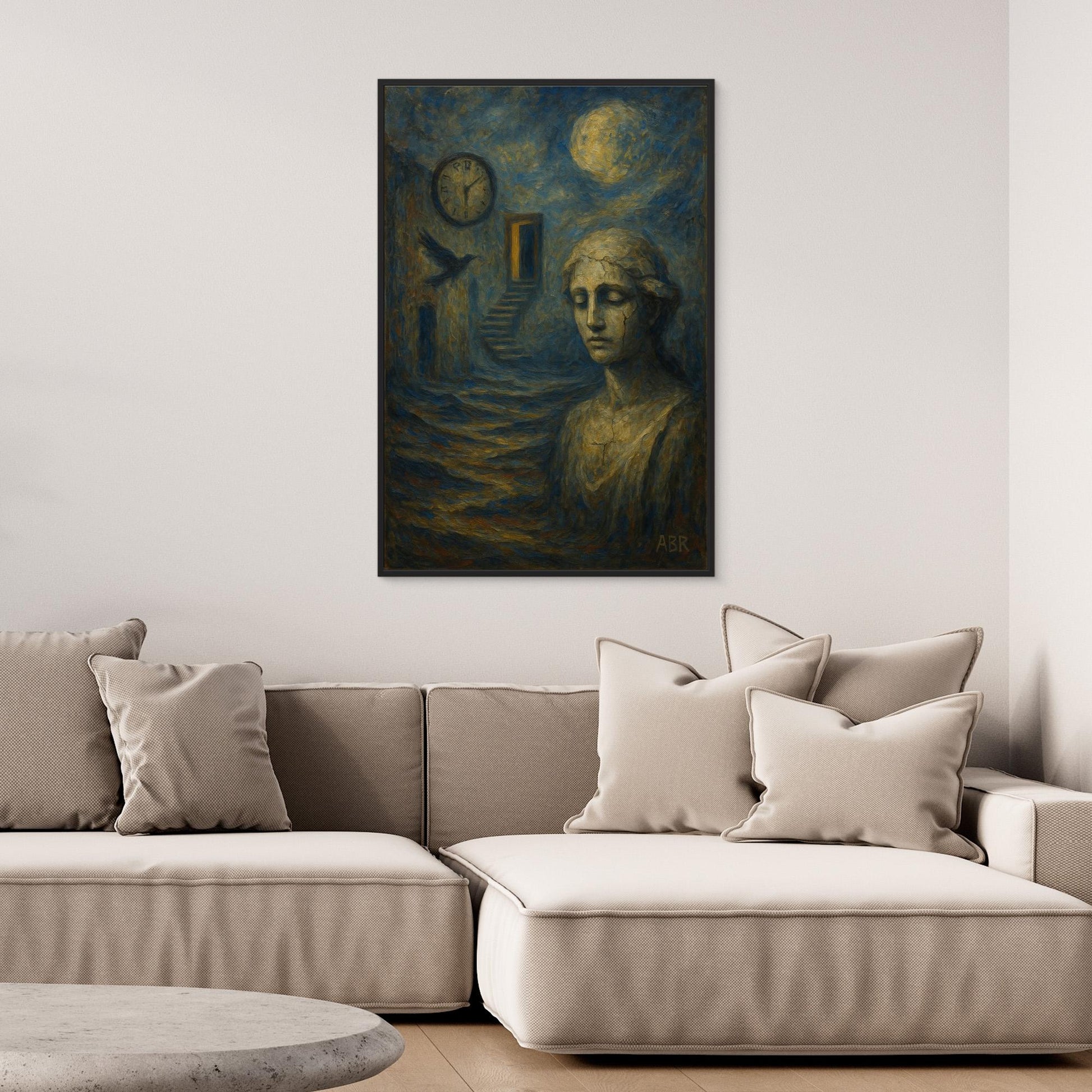Surreal blue and gold abstract canvas wall art with cracked statue and moonlit staircase.