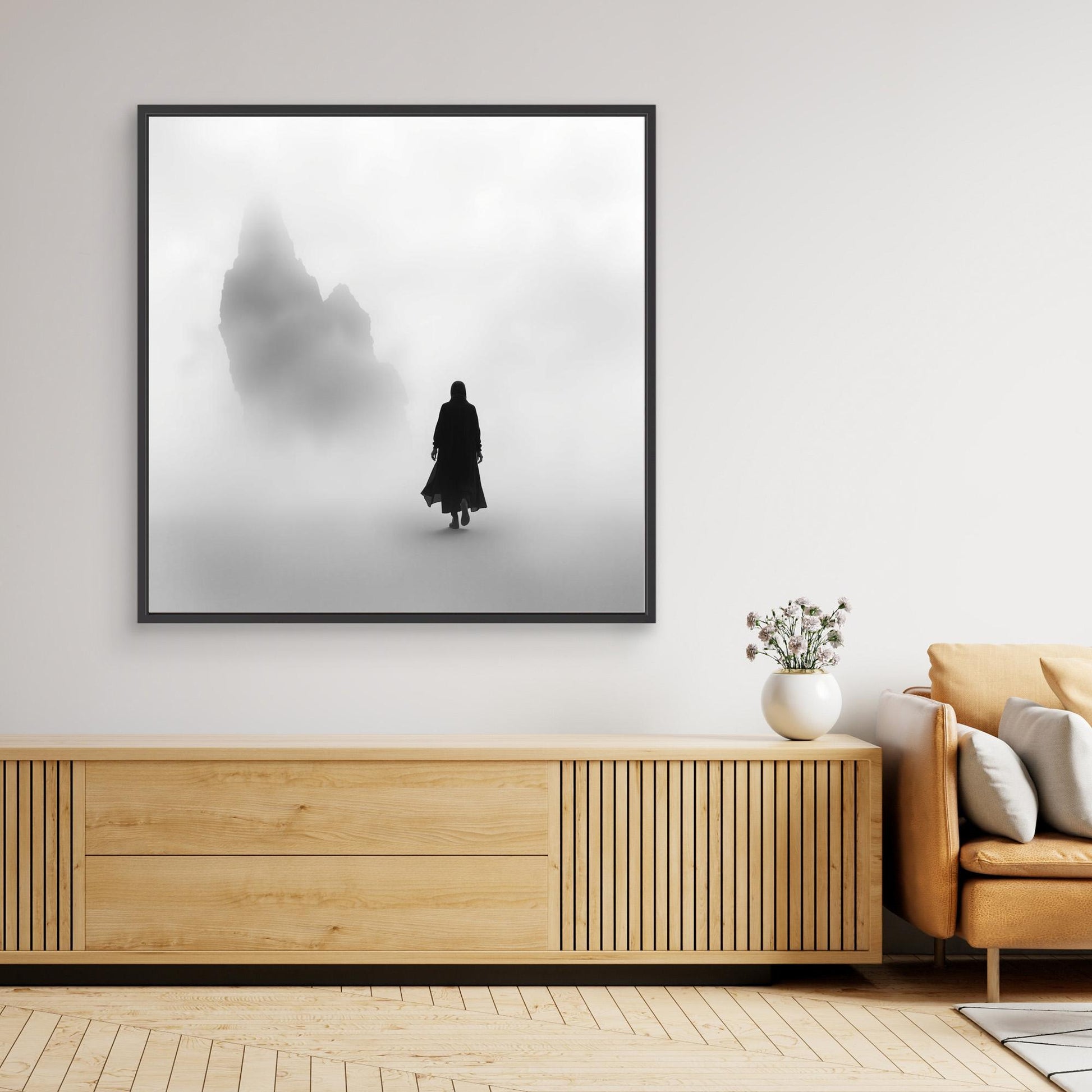 Into the Silence – Minimalist Black and White Canvas Art of Solitary Figure in Foggy Landscape