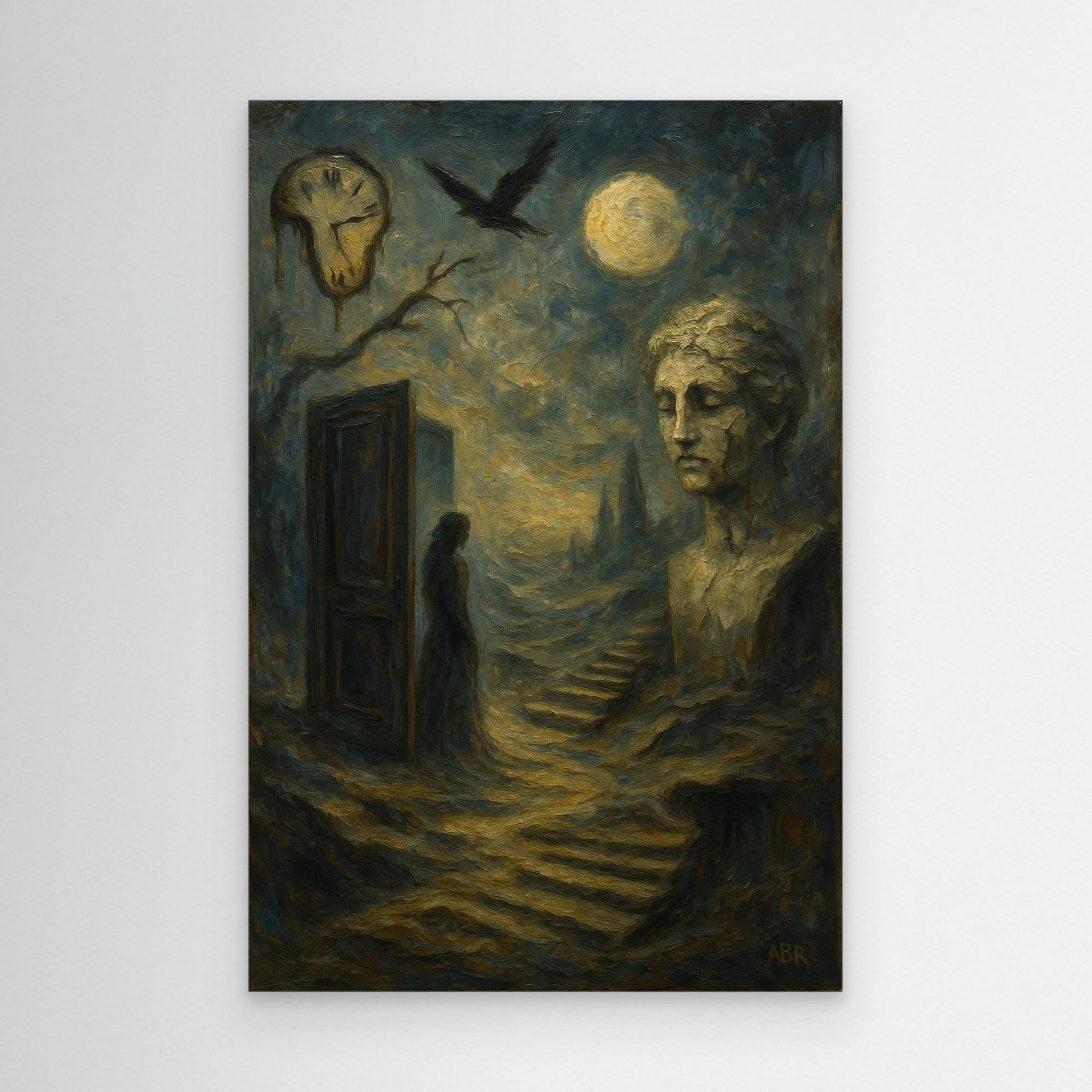 Surreal Dreamscape Canvas Wall Art – Moon and Statue