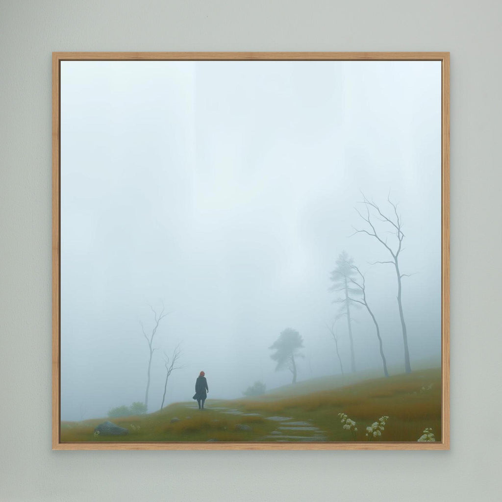 Into the Mist – Minimalist Canvas Wall Art of Woman Walking Through Foggy Landscape