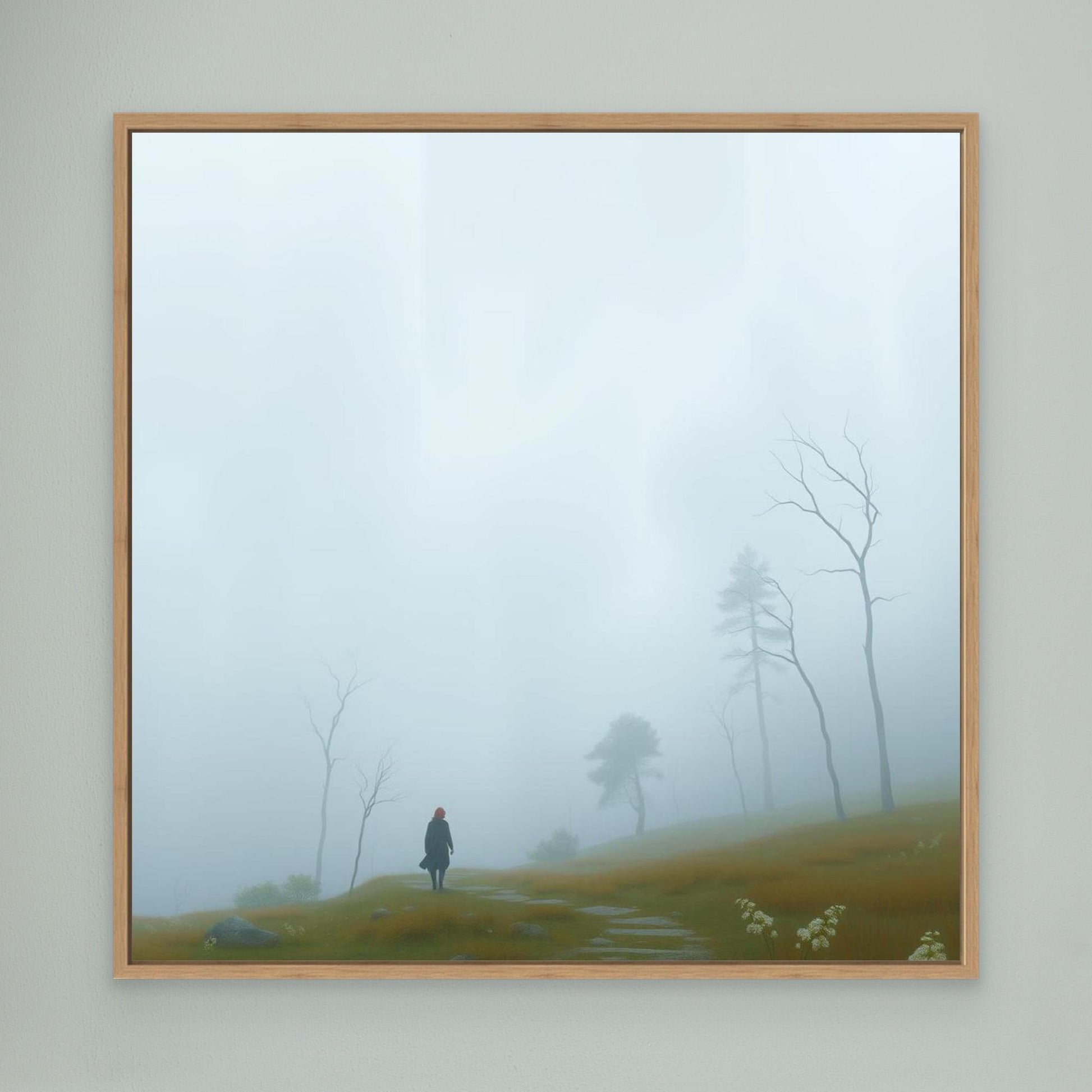 Into the Mist – Minimalist Canvas Wall Art of Woman Walking Through Foggy Landscape