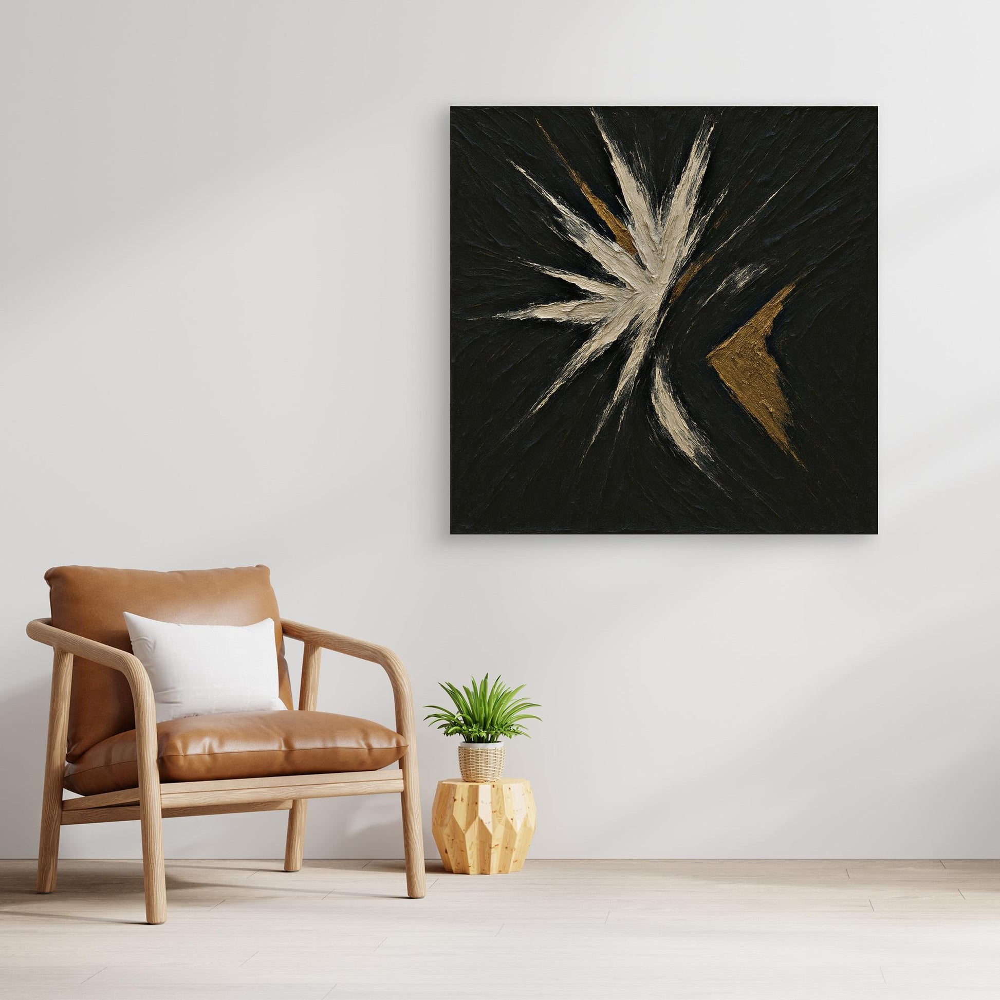 Abstract Starburst Canvas Wall Art – Black, Gold & Ivory