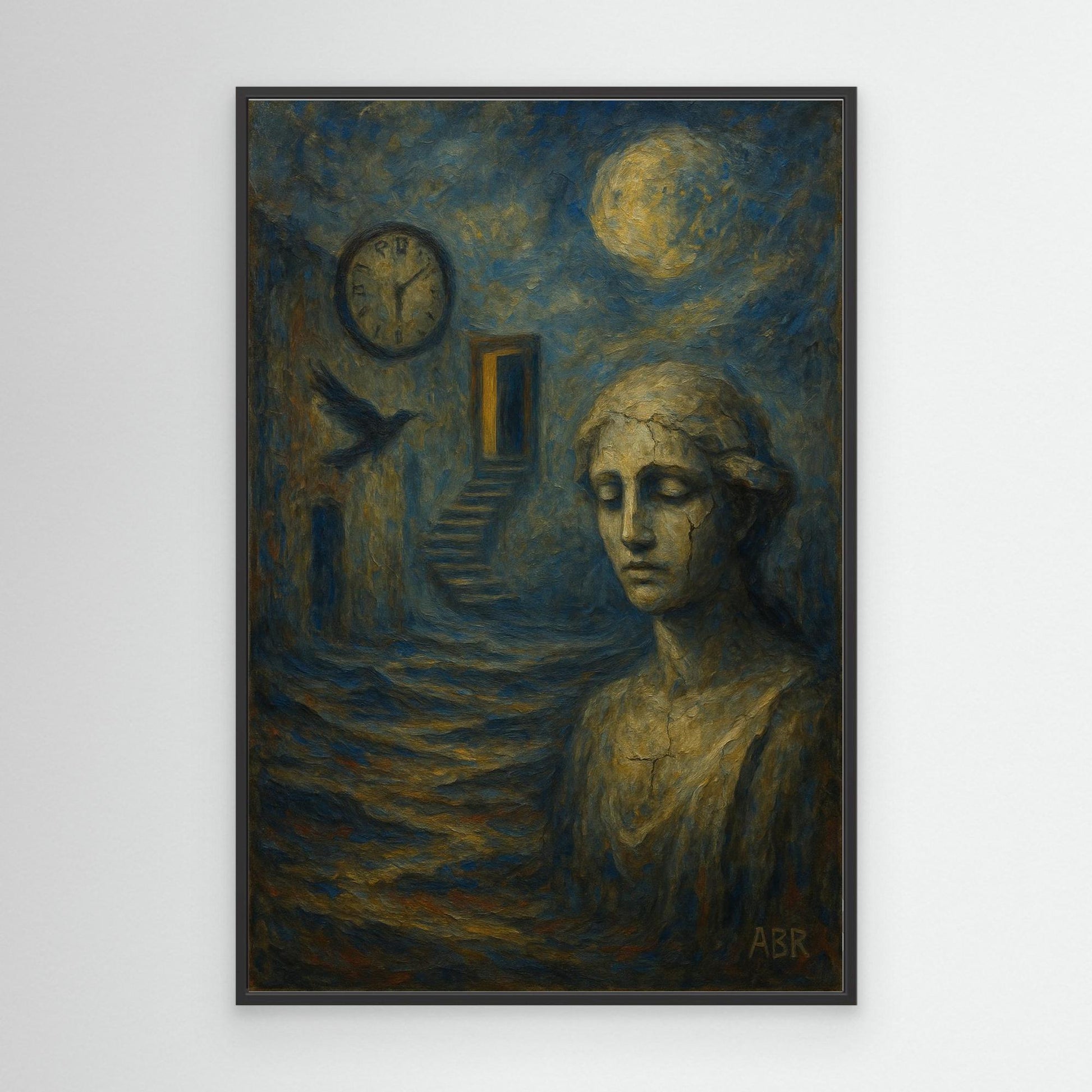 Surreal blue and gold abstract canvas wall art with cracked statue and moonlit staircase.