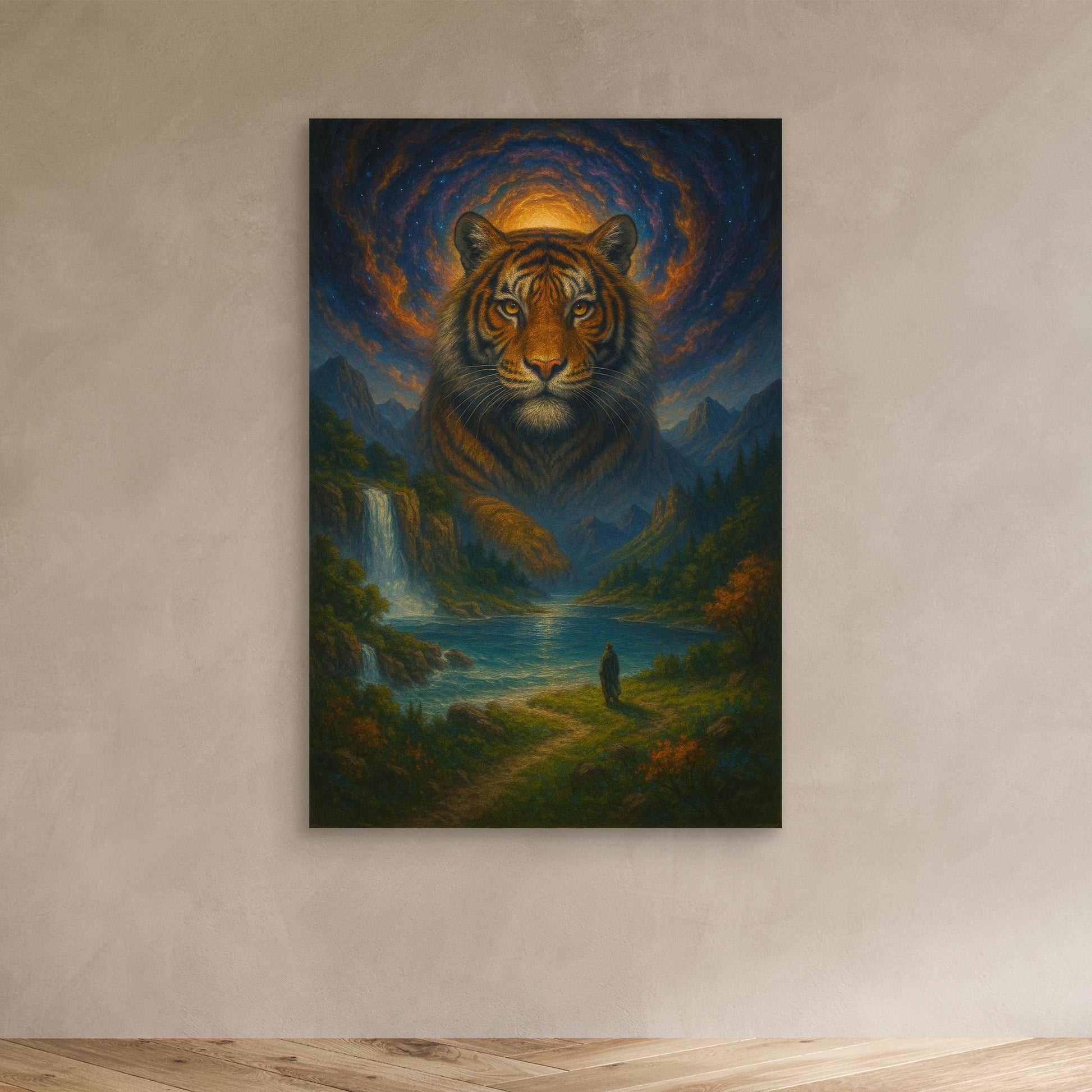 Mystic Tiger Spirit | Fantasy Canvas Wall Art of Majestic Jungle and Waterfall Landscape