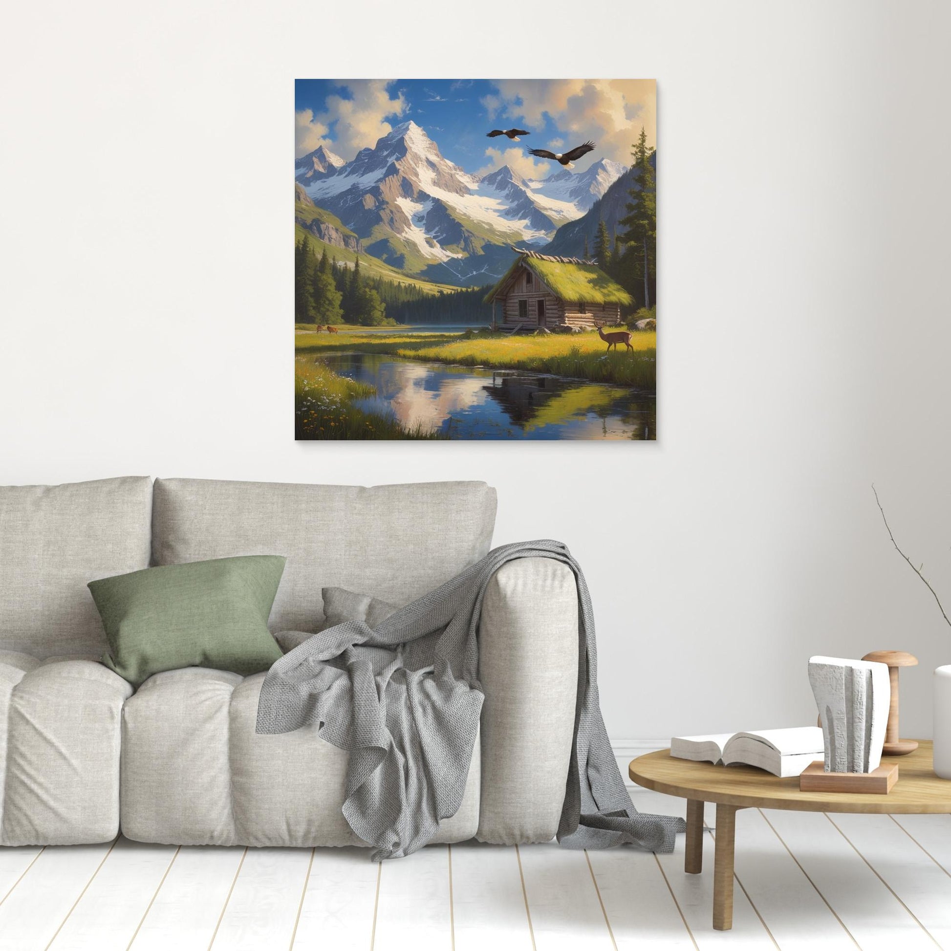 Still Waters Cabin – Mountain Landscape with Wildlife Canvas Art