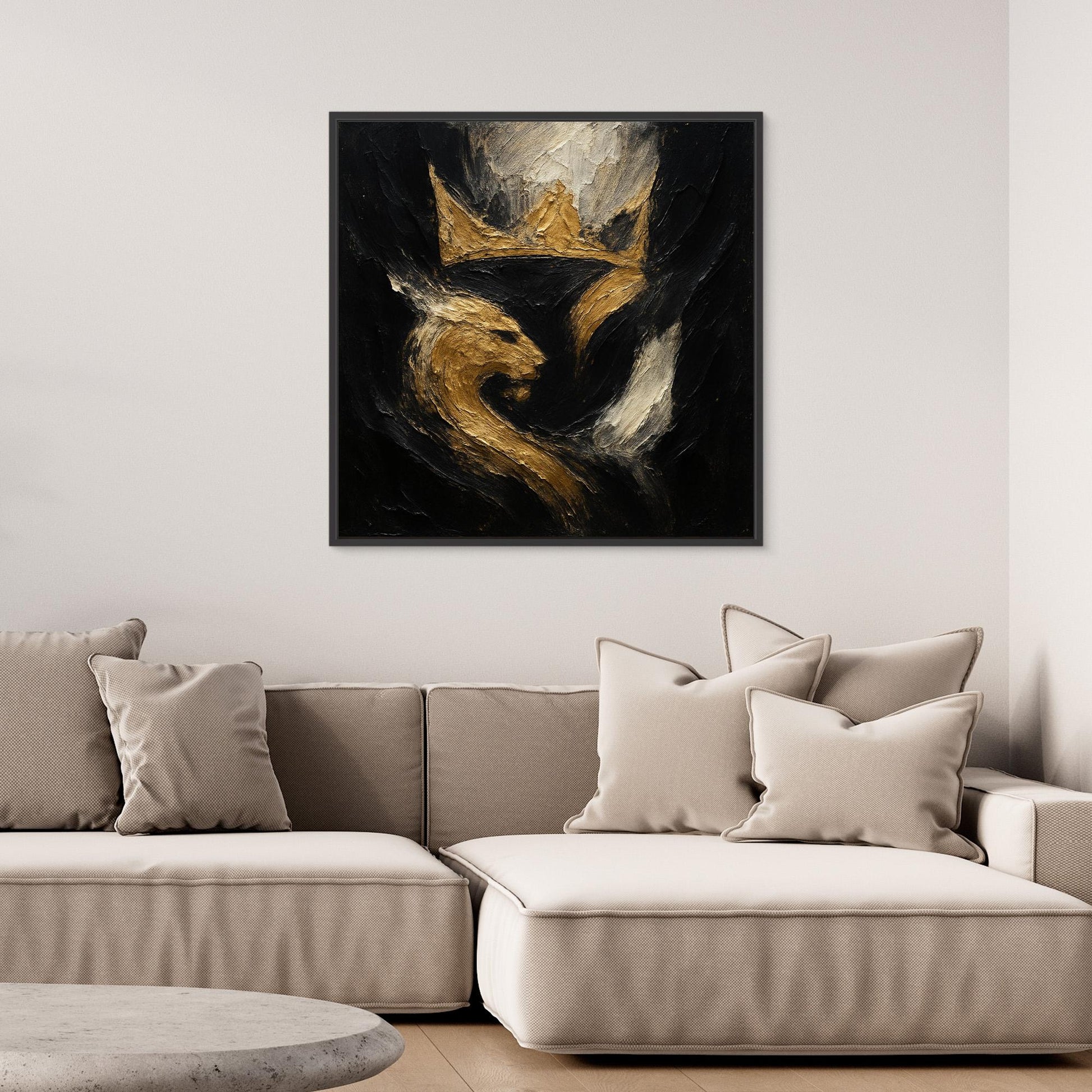 Crowned Lion Canvas Wall Art – Abstract Gold and Black Painting