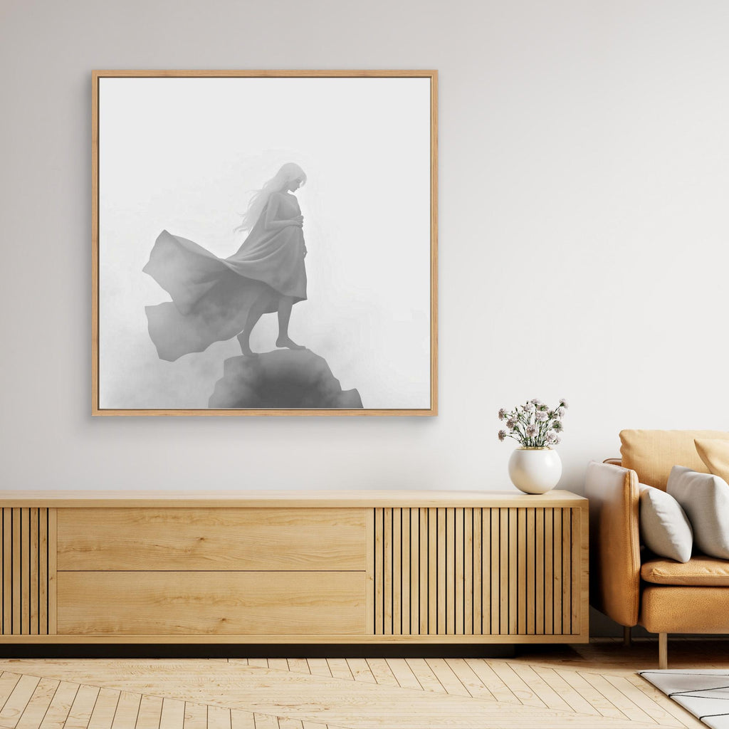 Veil of the Mist – Minimalist Black and White Canvas Wall Art of a Mysterious Woman in the Fog