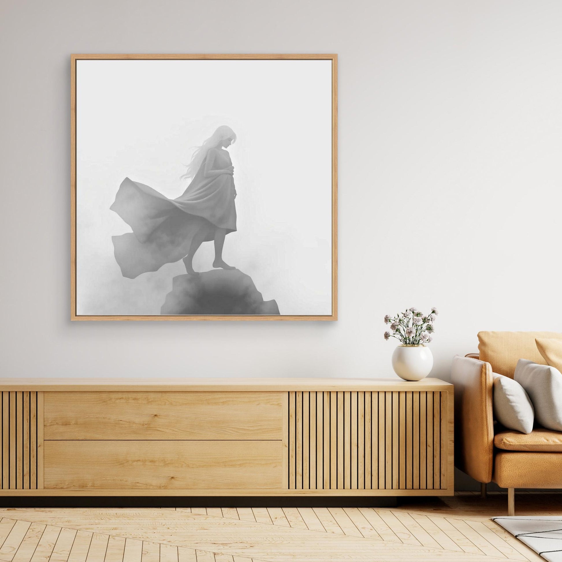 Veil of the Mist – Minimalist Black and White Canvas Wall Art of a Mysterious Woman in the Fog
