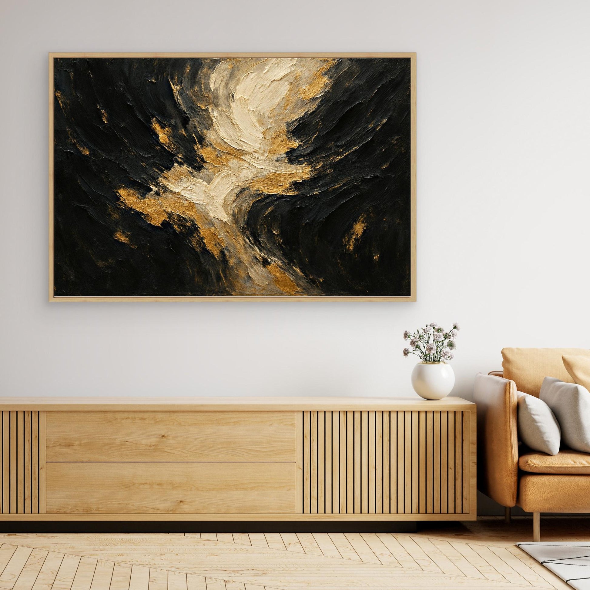 Gold and Black Textured Canvas Wall Art – Abstract Flow