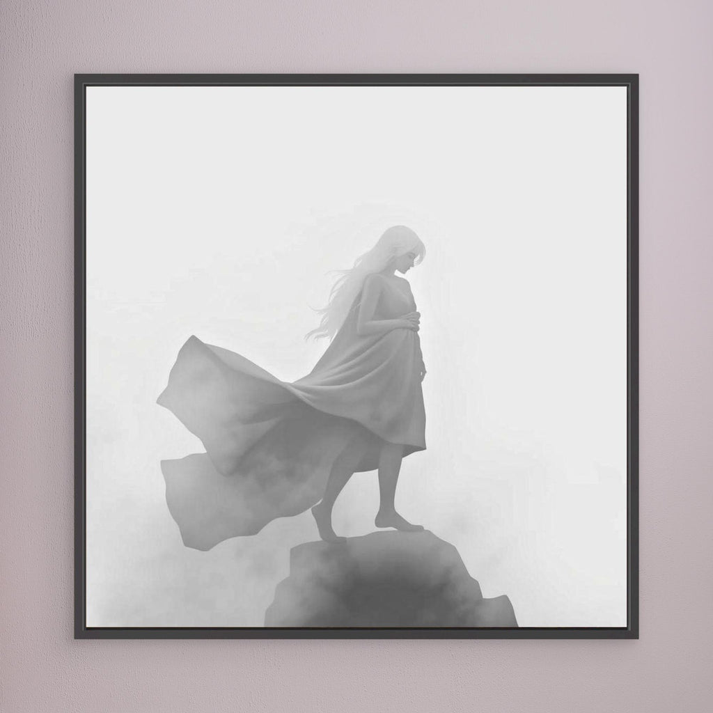 Veil of the Mist – Minimalist Black and White Canvas Wall Art of a Mysterious Woman in the Fog