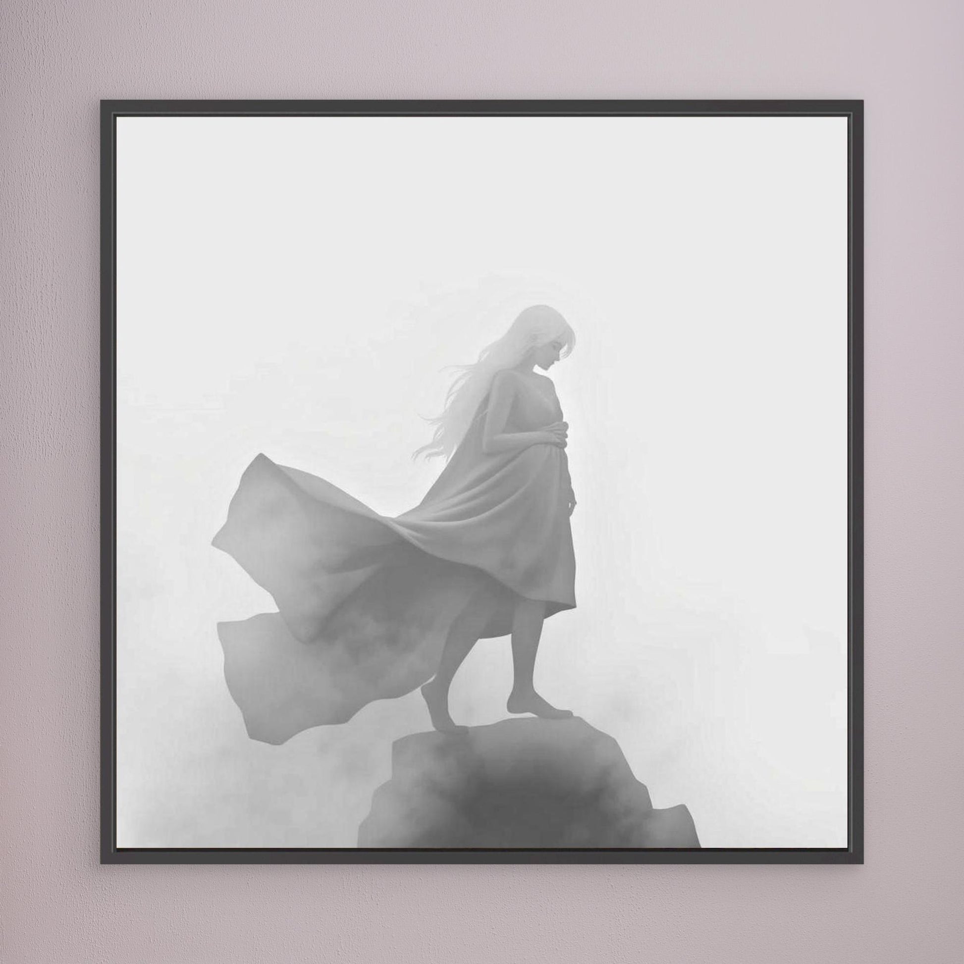 Veil of the Mist – Minimalist Black and White Canvas Wall Art of a Mysterious Woman in the Fog
