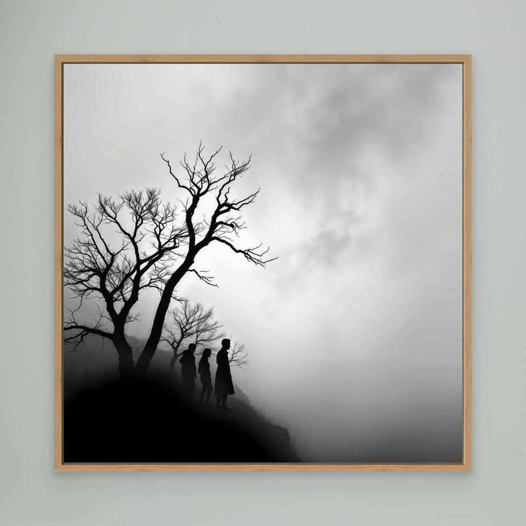 Edge of Silence – Minimalist Black & White Canvas Art | Surreal Fog Landscape with Silhouettes