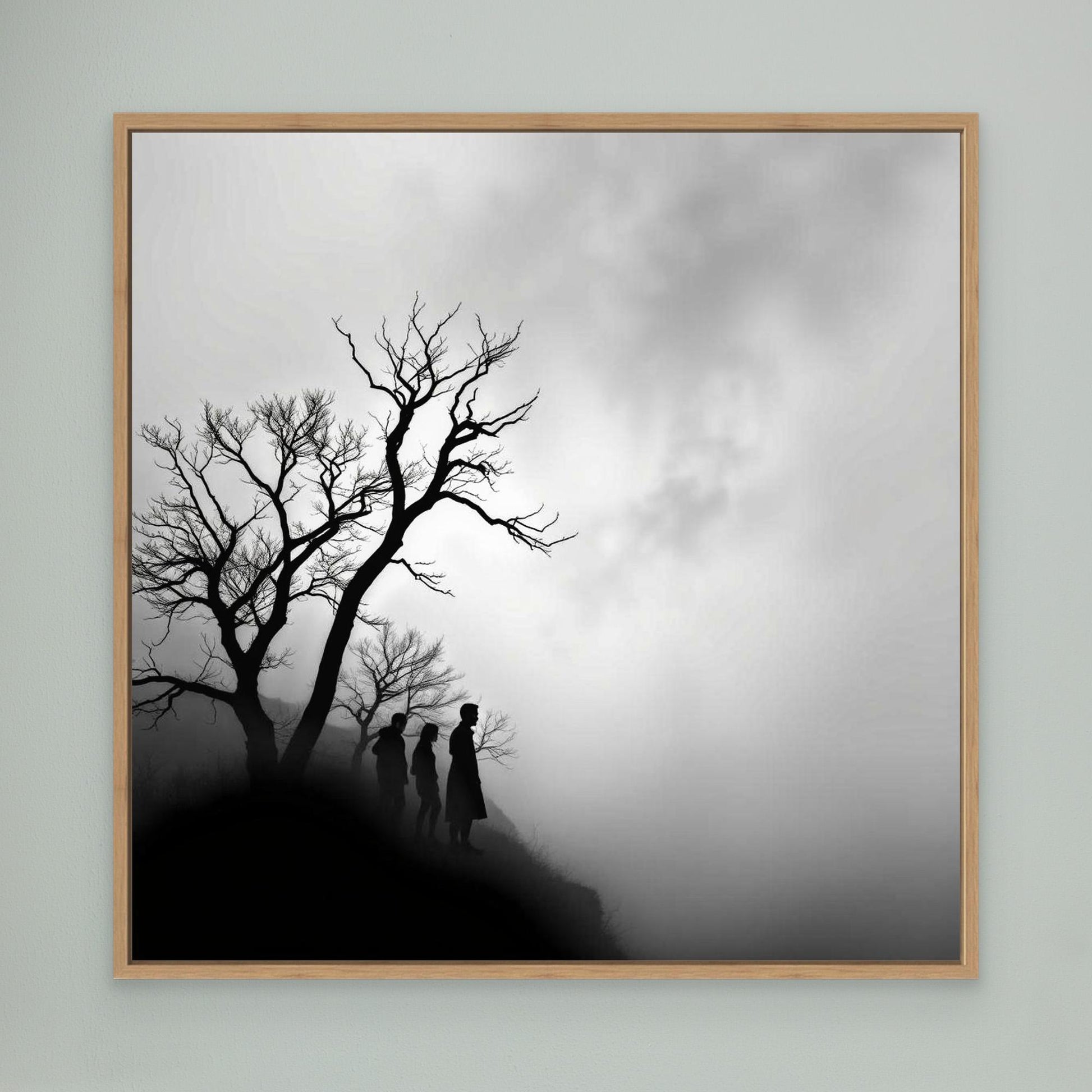 Edge of Silence – Minimalist Black & White Canvas Art | Surreal Fog Landscape with Silhouettes