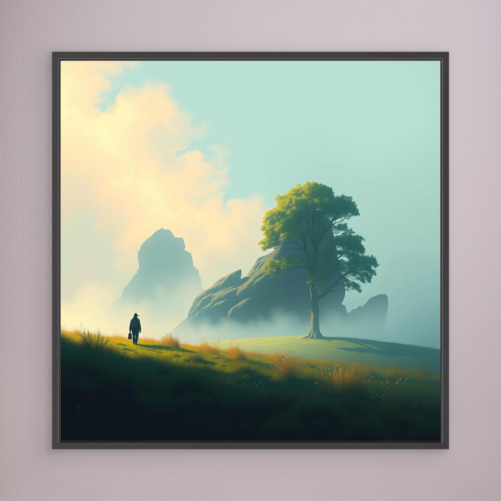 Lone Journey – Minimalist Nature Canvas Print | Serene Landscape Wall Art with Tree and Mountains