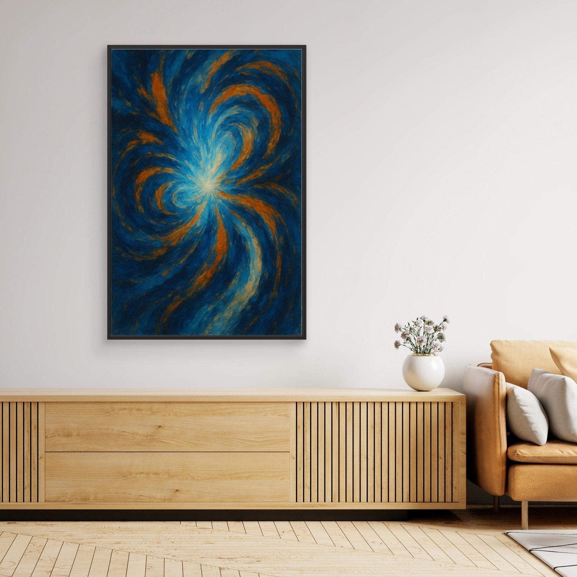 Blue and Orange Abstract Canvas Wall Art – Swirling Energy Print