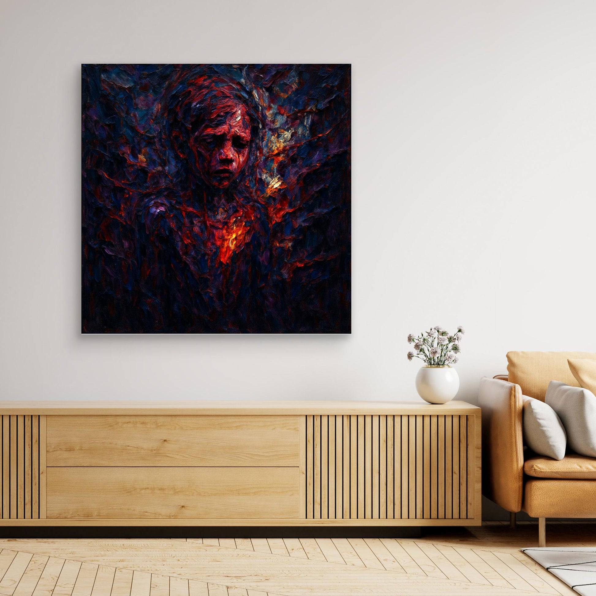 Figurative Fire Portrait – Dark Emotional Canvas Wall Art