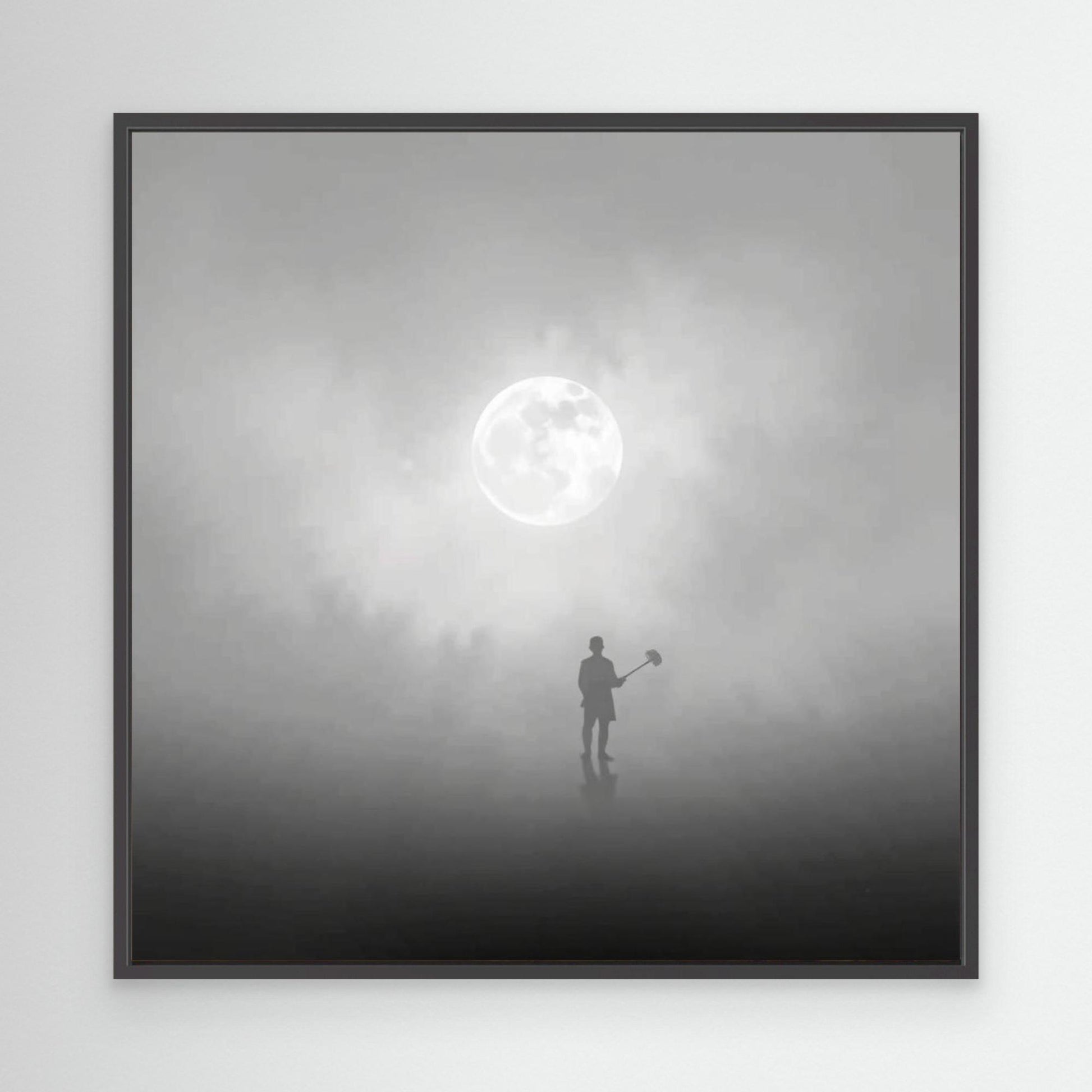 The Digger of Dreams – Minimalist Misty Landscape Art with Full Moon & Shovel Silhouette”