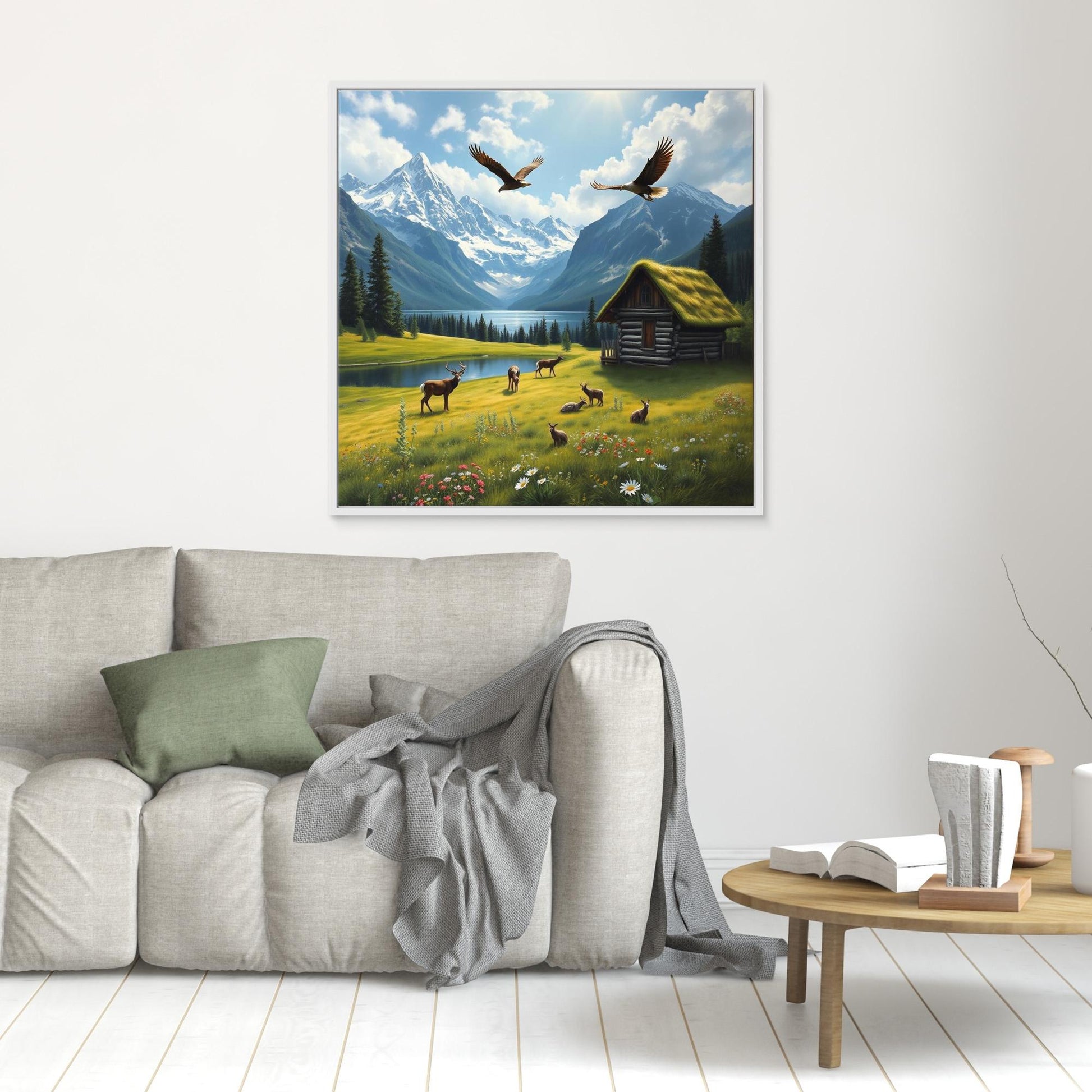 Alpine Sanctuary – Wildlife and Cabin by the Lake Canvas Art