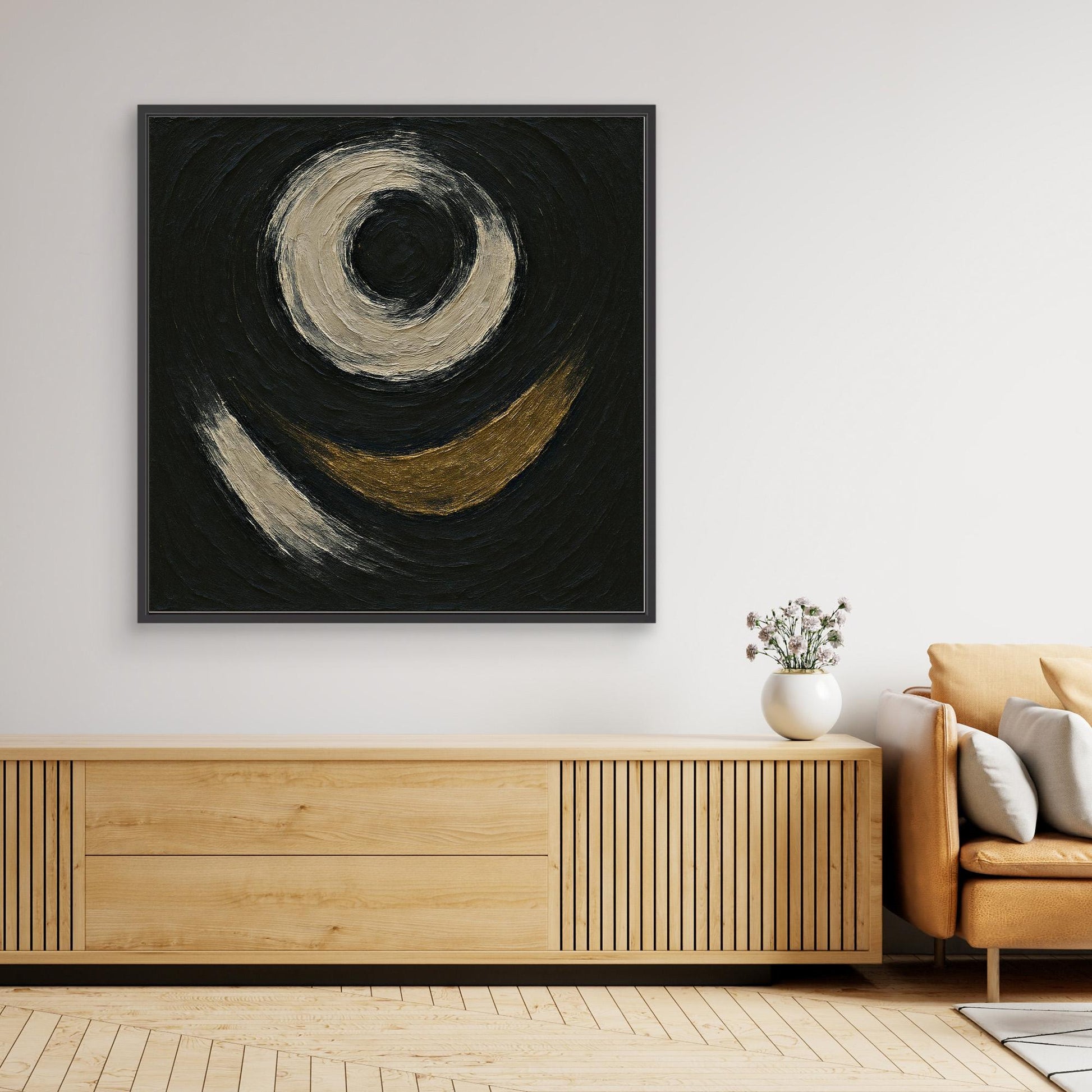 Abstract Circle Canvas Wall Art – Textured Black and Gold Print
