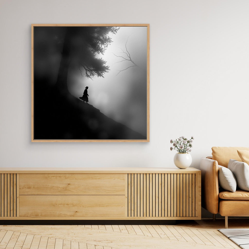 Mystic Walk Through the Fog – Black and White Nature Canvas Wall Art