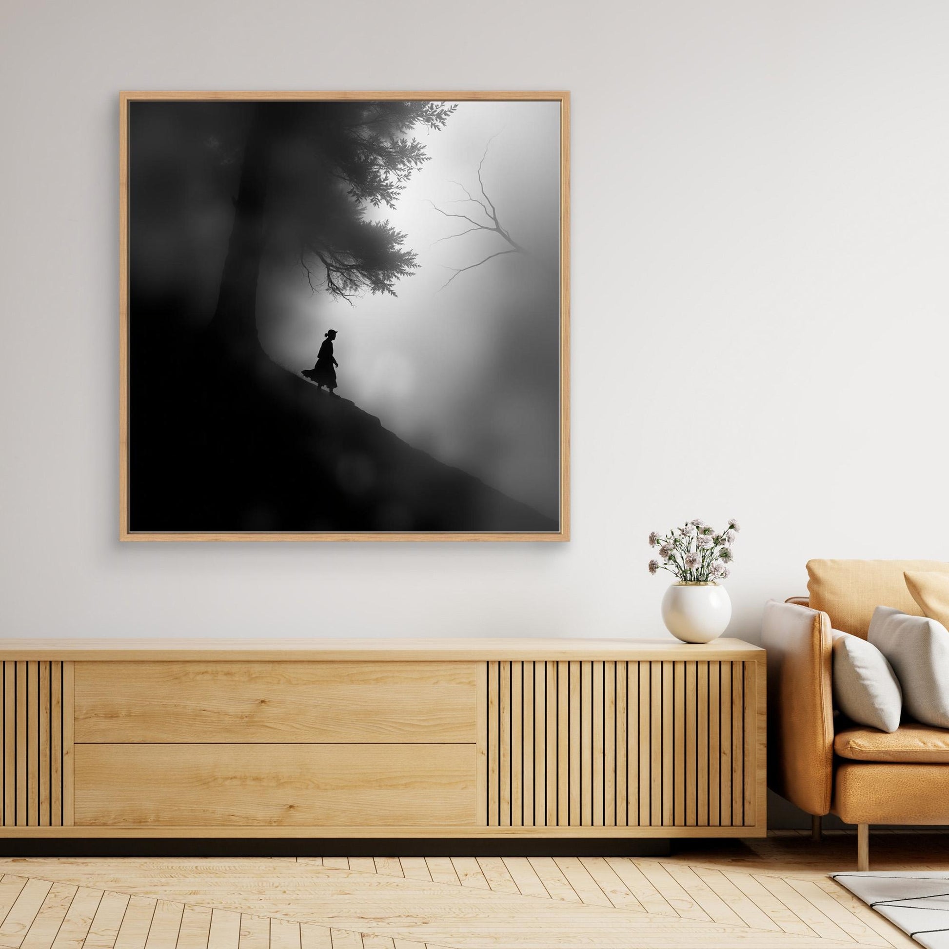 Mystic Walk Through the Fog – Black and White Nature Canvas Wall Art