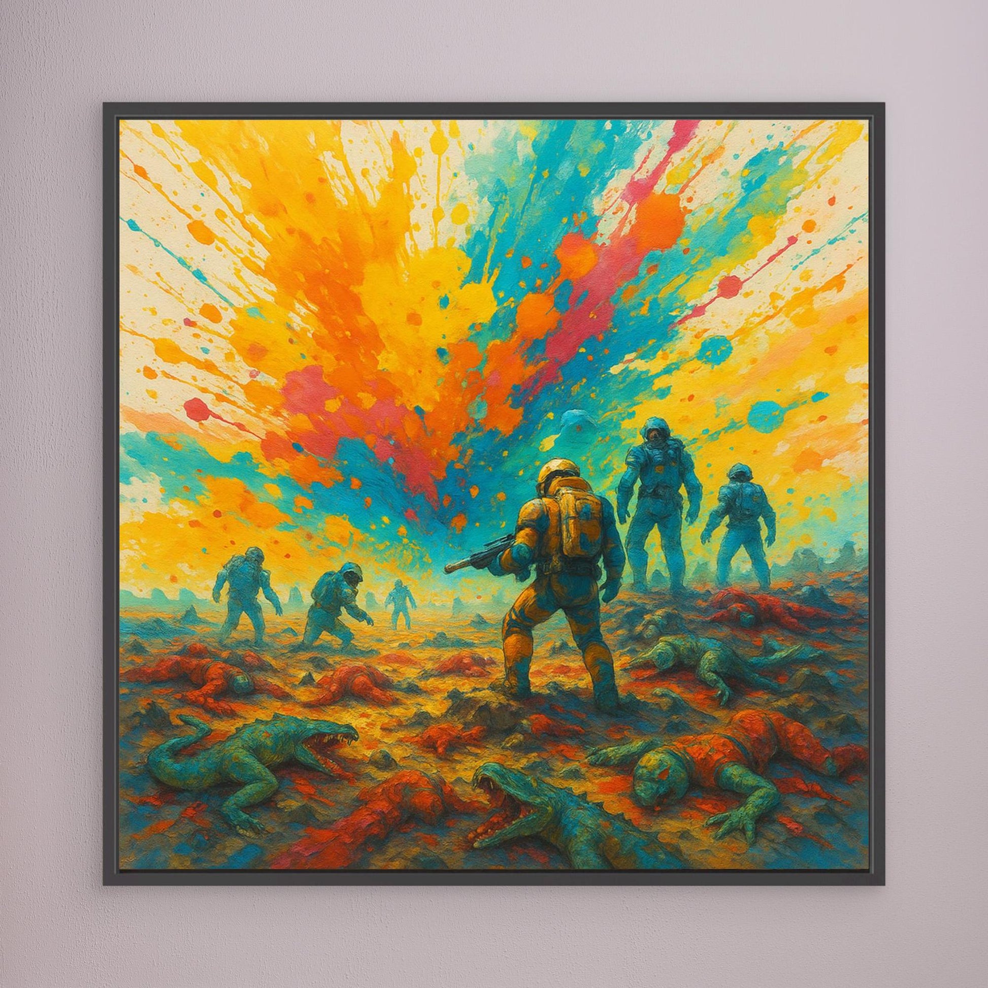 Galactic Apes: Explosion of Victory – Colorful Sci-Fi Canvas Wall Art Print