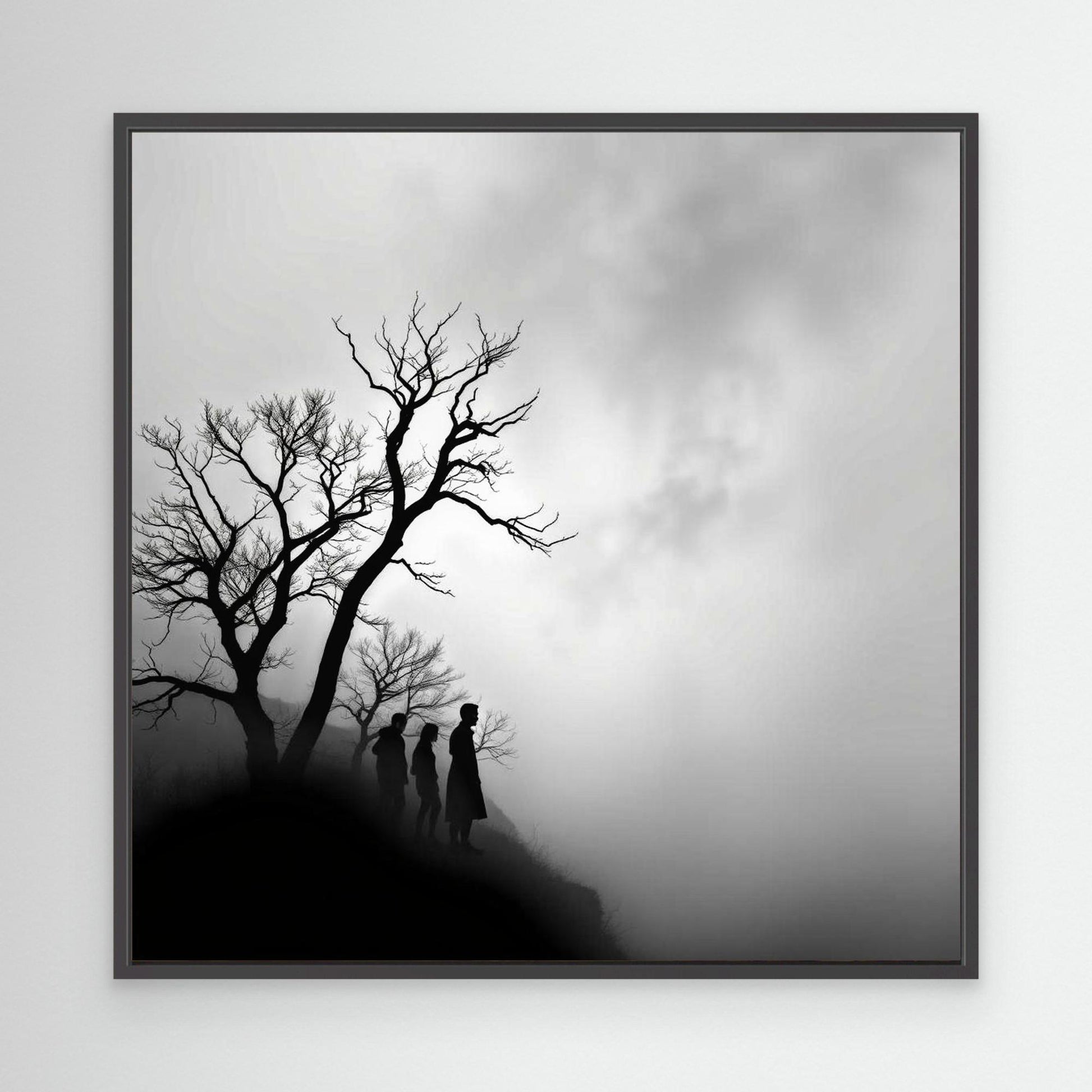 Edge of Silence – Minimalist Black & White Canvas Art | Surreal Fog Landscape with Silhouettes