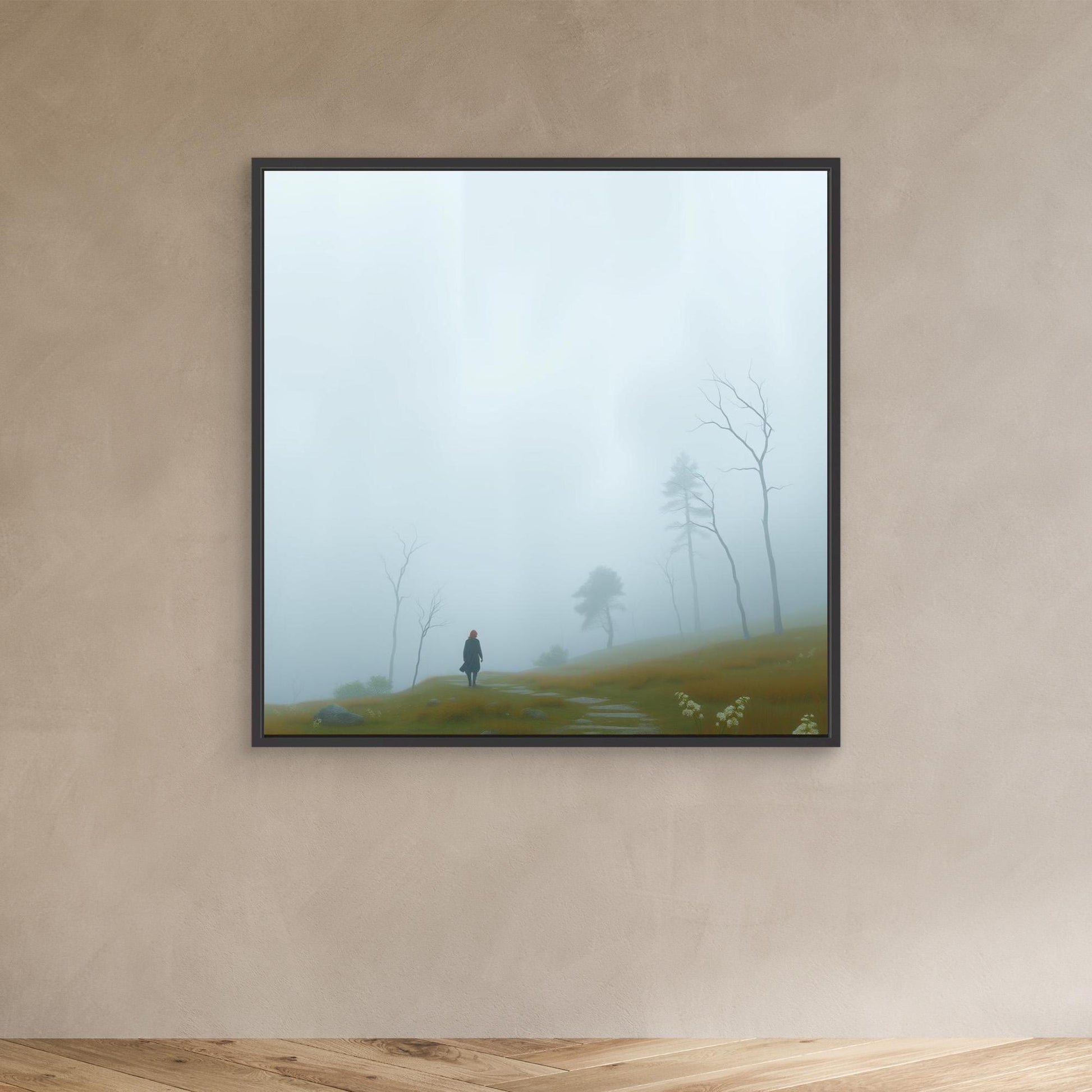 Into the Mist – Minimalist Canvas Wall Art of Woman Walking Through Foggy Landscape