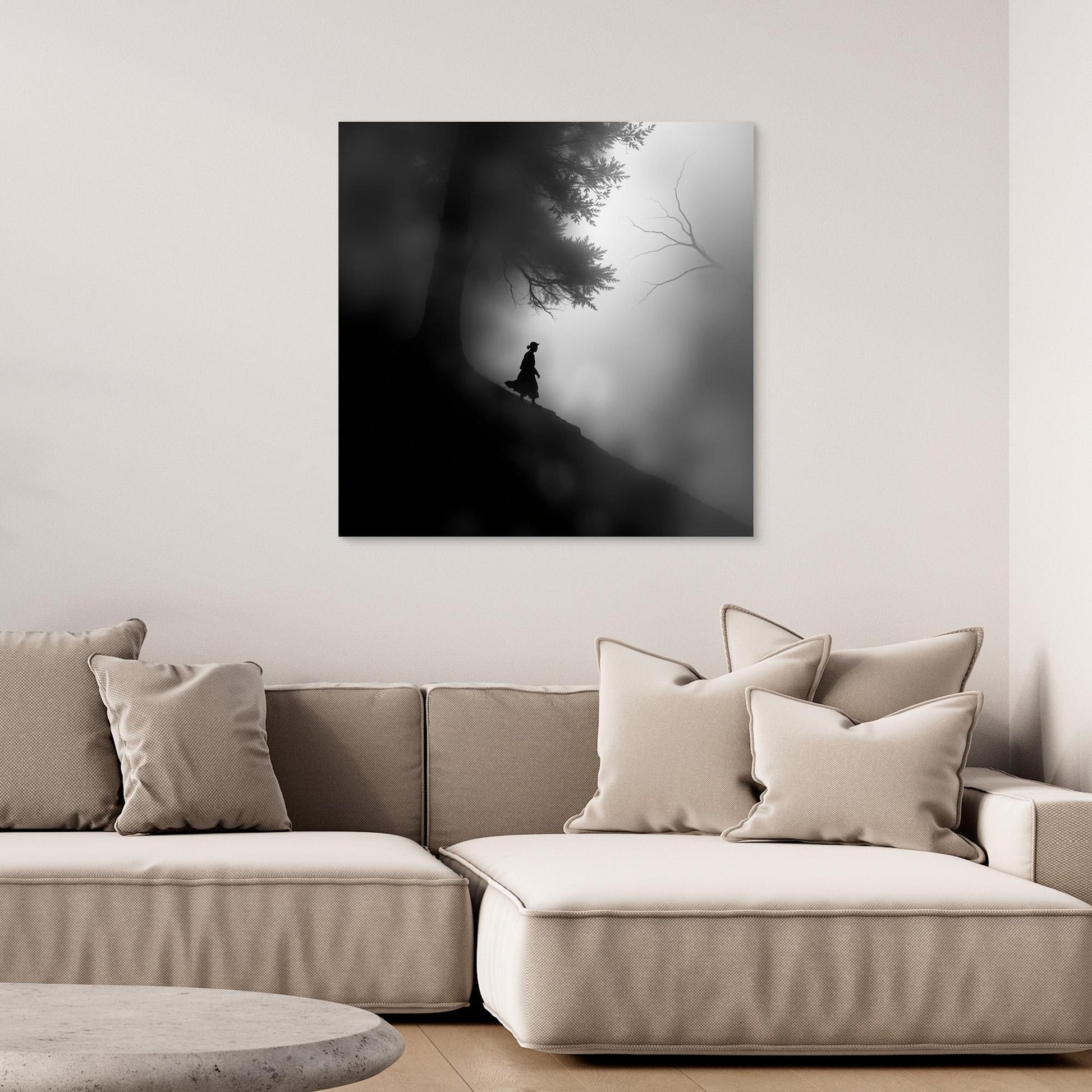 Mystic Walk Through the Fog – Black and White Nature Canvas Wall Art