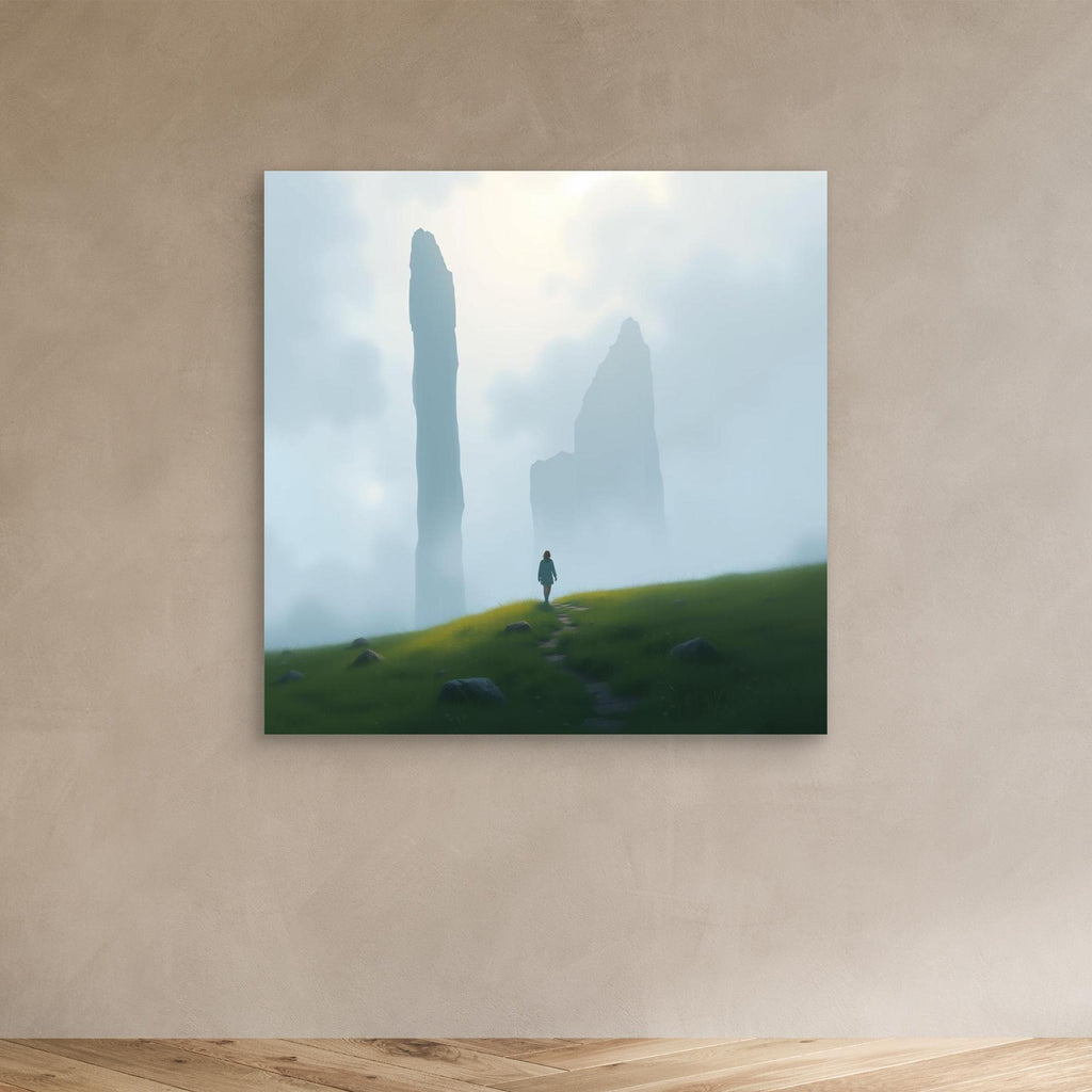 Wanderer of the Mist – Minimalist Nature Canvas Wall Art | Foggy Mountains & Lone Explorer Print
