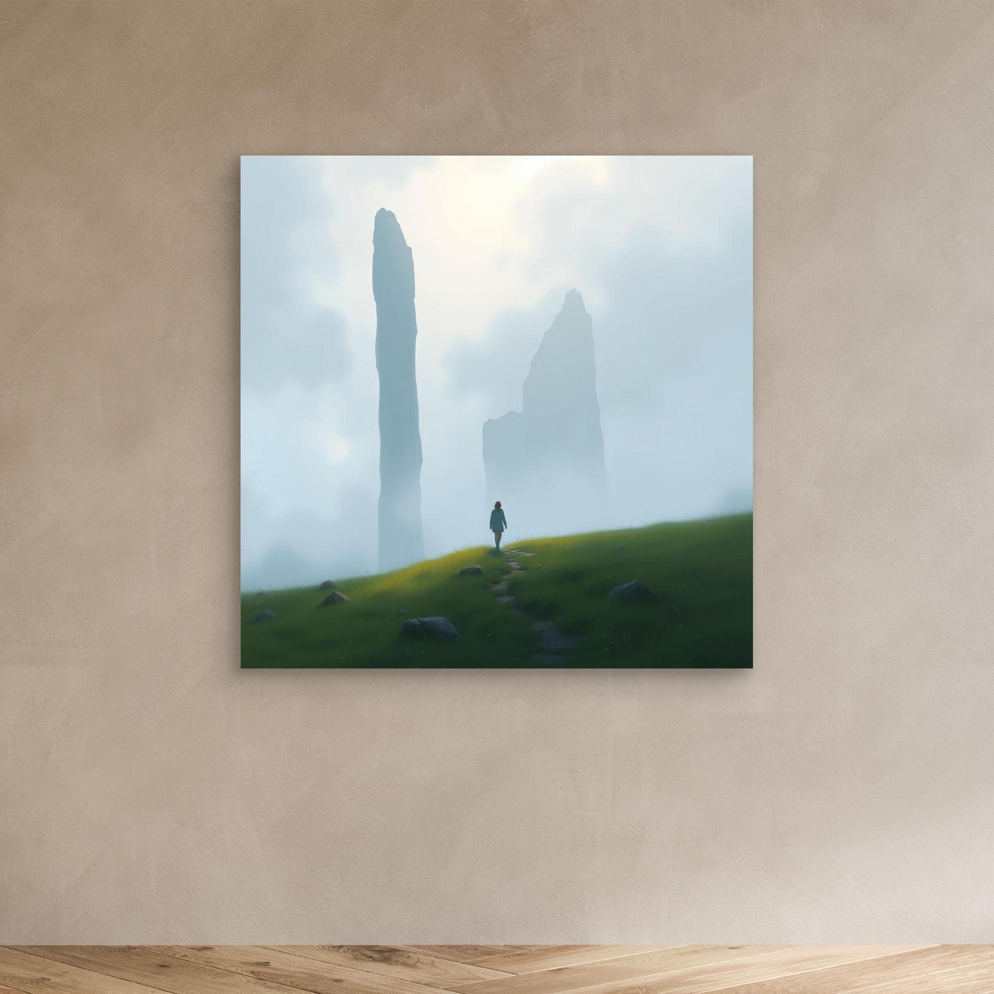 Wanderer of the Mist – Minimalist Nature Canvas Wall Art | Foggy Mountains & Lone Explorer Print